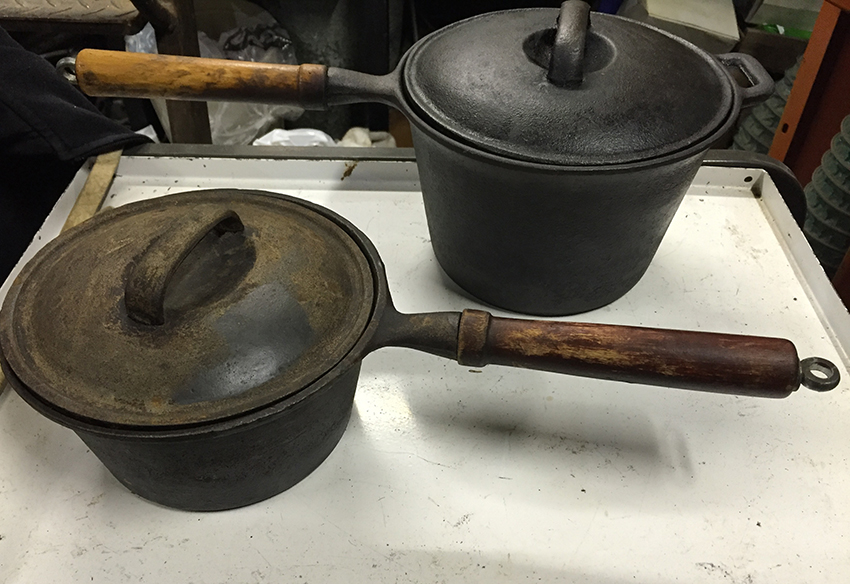 Cast Iron Cooking Pots. These cast iron pots were part of a very eclectic old estate. They have been cleaned and can be used for cooking (and weightlifting!) Price: $30 each