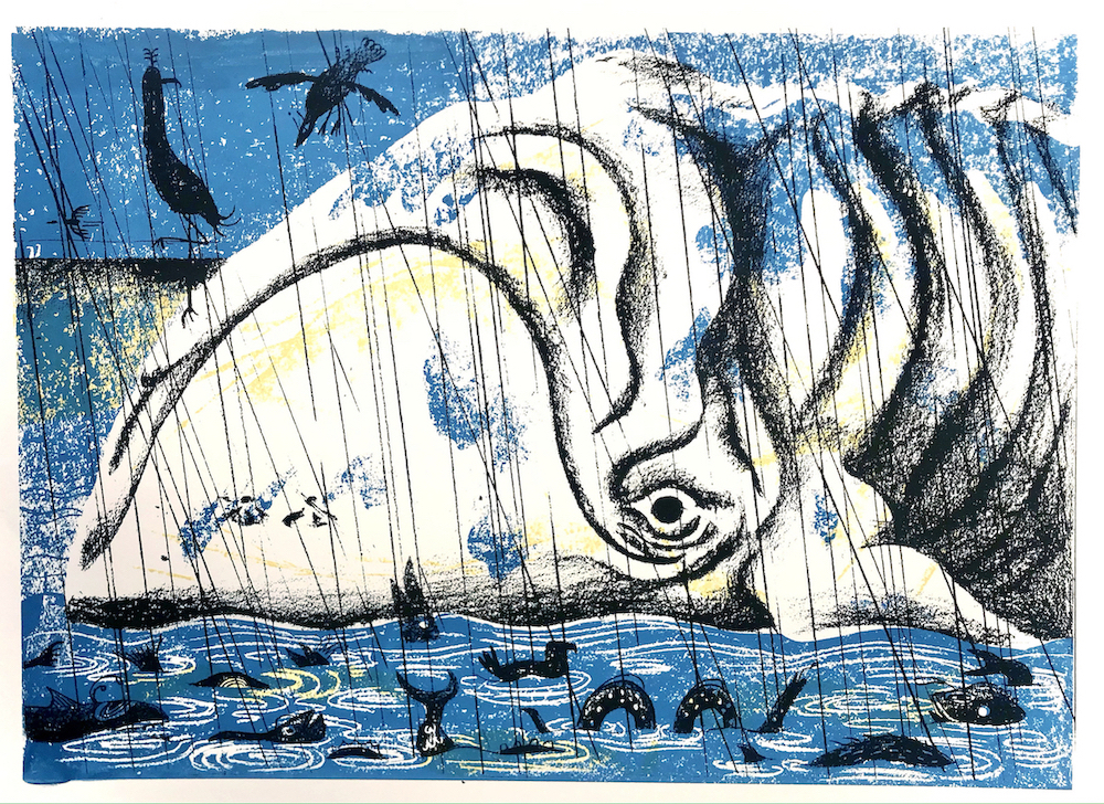 "Bake-Kujira" 3 color Silkscreen: A creature from Japanese folklore, the Bake-kujira appears on foggy, rainy days as a ghostly whale. Strange birds and fish follow it wherever it goes and it is seen as a bad omen.