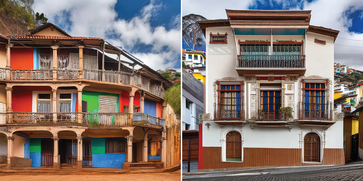 Generated Images of typical buildings. Left: Antananarivo, right: Quito.