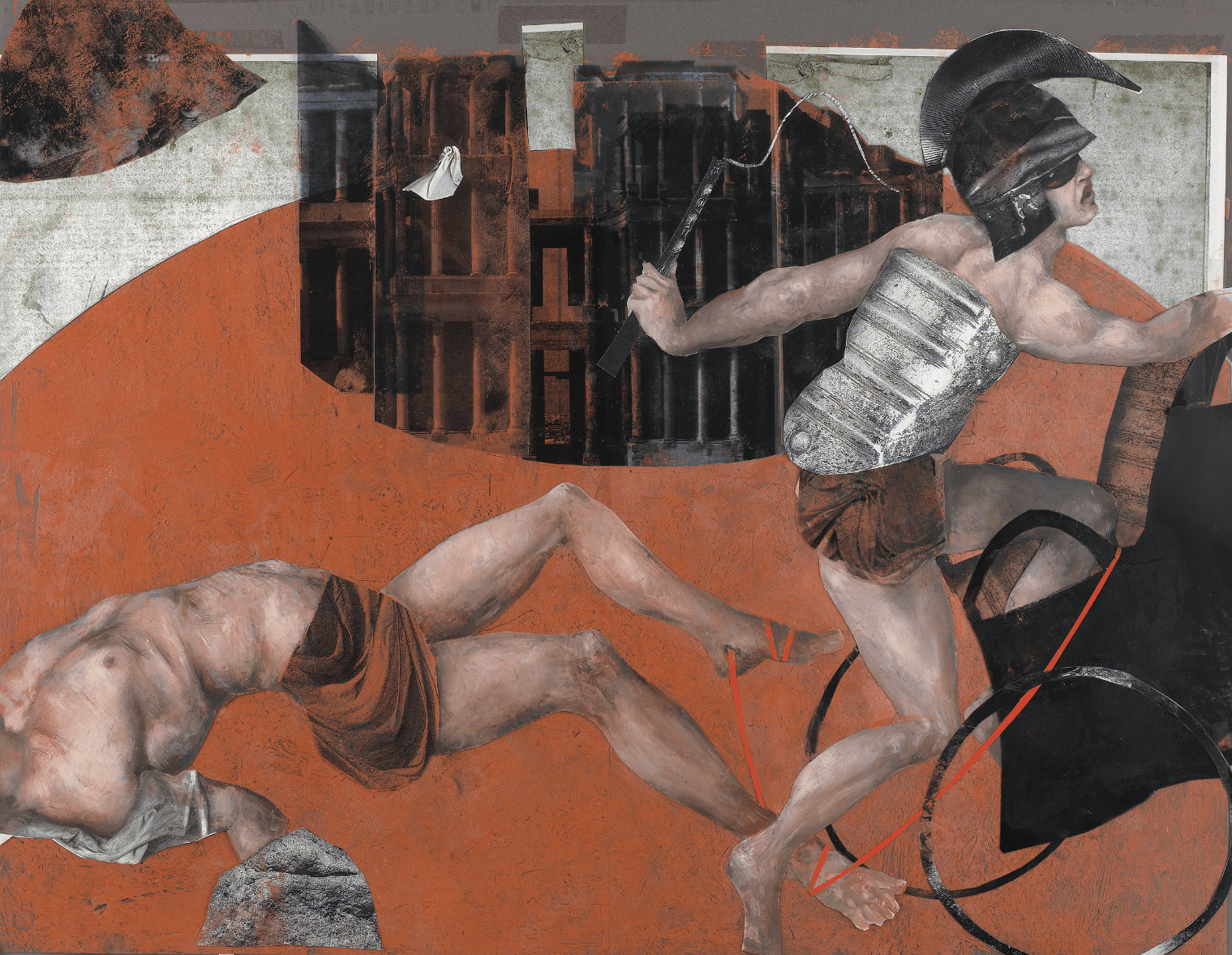 The death of HektorOil paint on paper, collage with photo material, 50 x 60cmSerie: The Legend of Troy's Fall/Text: Franz FühmannPublisher: Hinstorff Verlag, Rostock, 2011