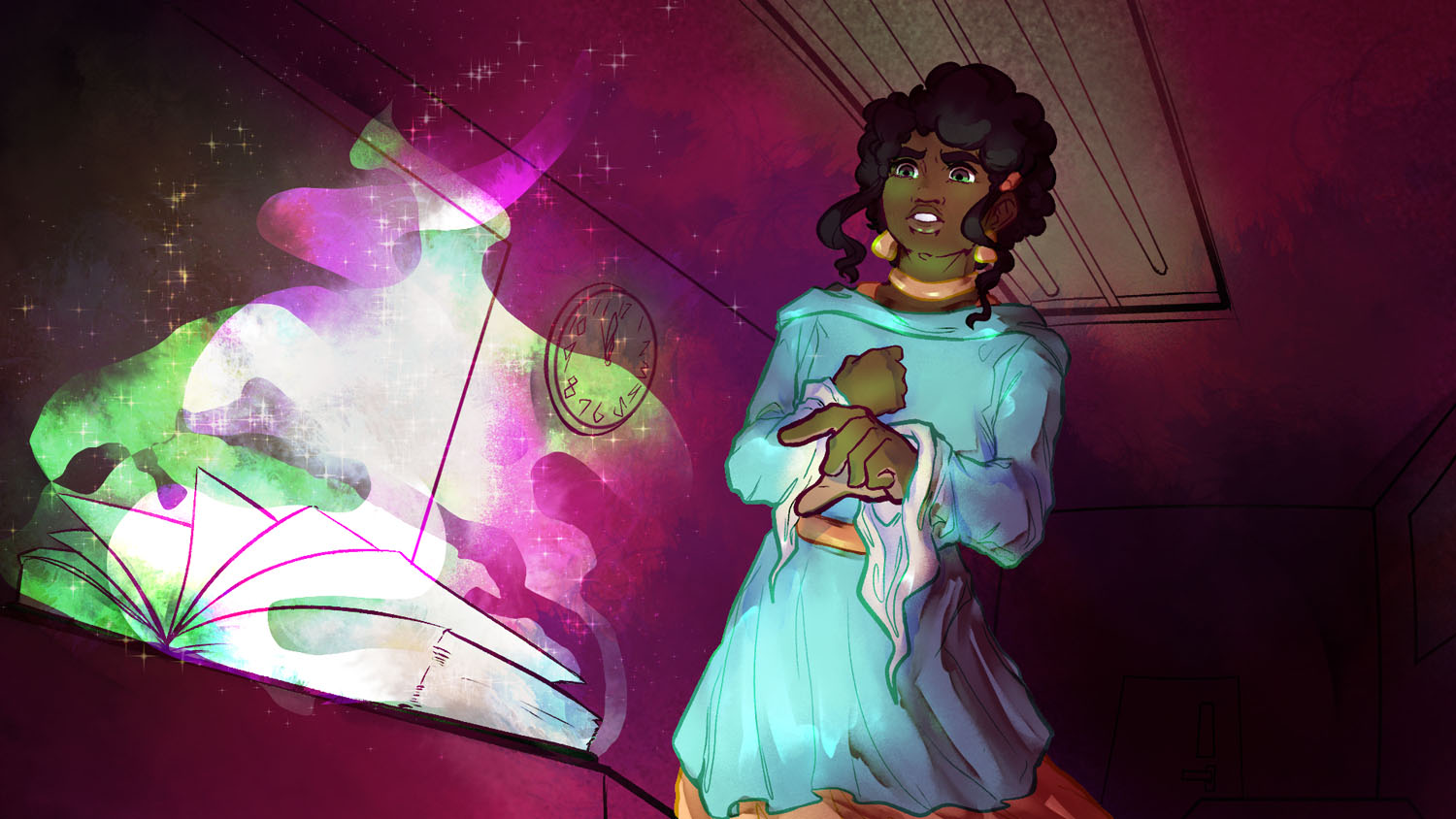 Rune Finds the SpellbookClip Studio Paint, 1920 x 1080 pixels, 2021