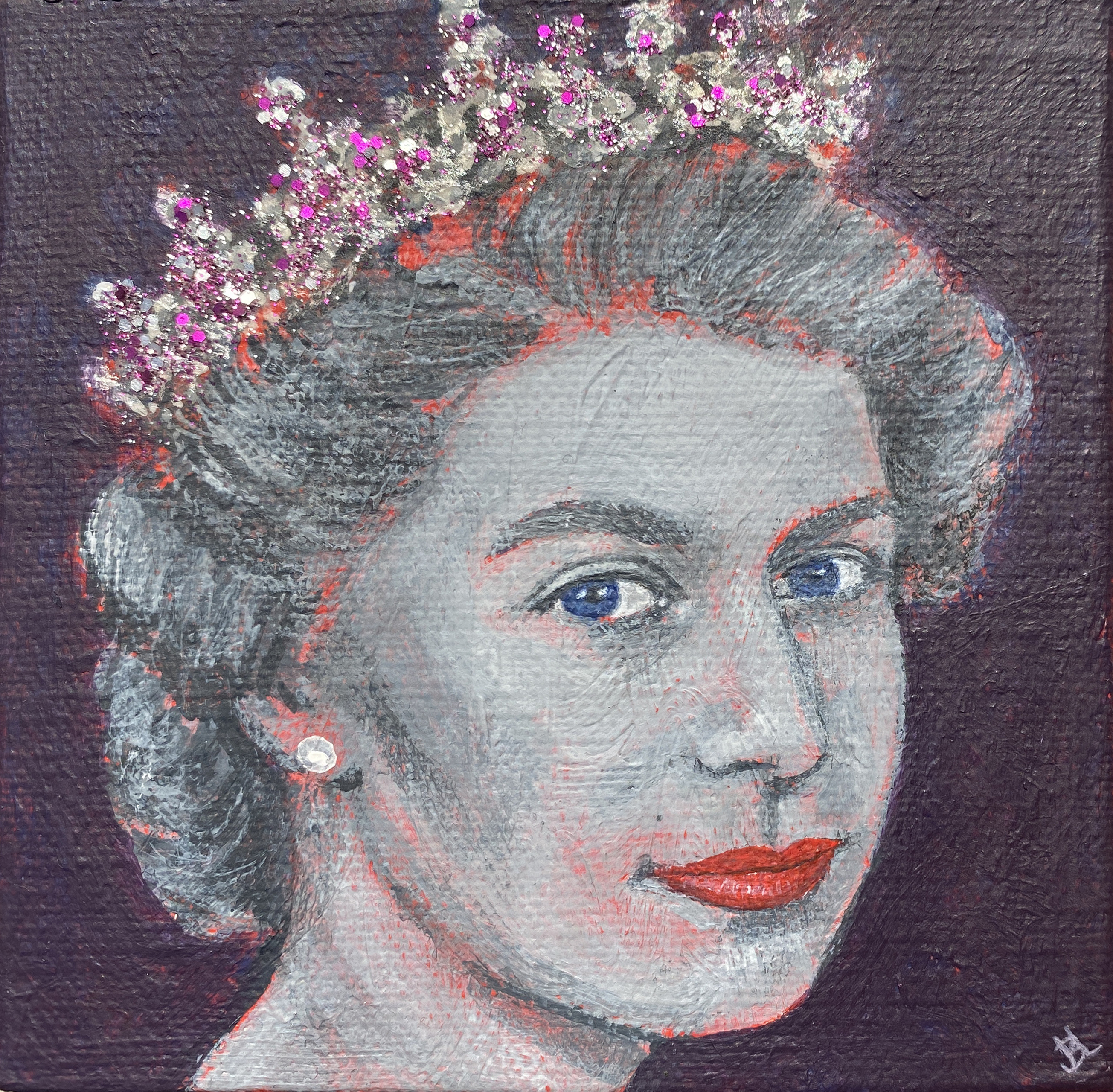 "QE2"10 x 10 cmAcrylic, glitter on canvas£125 (UNFRAMED) ︎