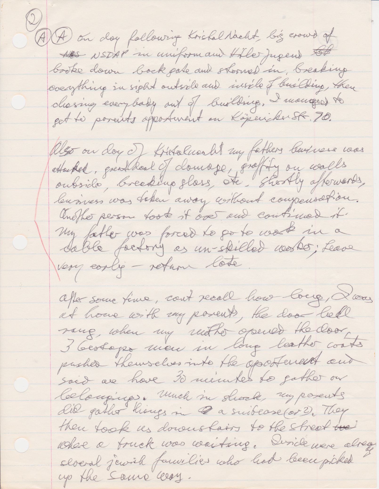 Early, handwritten notes about Bert's childhood in Berlin (3/5)" Of note, here Bert writes about his father Leopold's business being attacked on Kristallnacht, shortly after which it was taken from him without compensation.