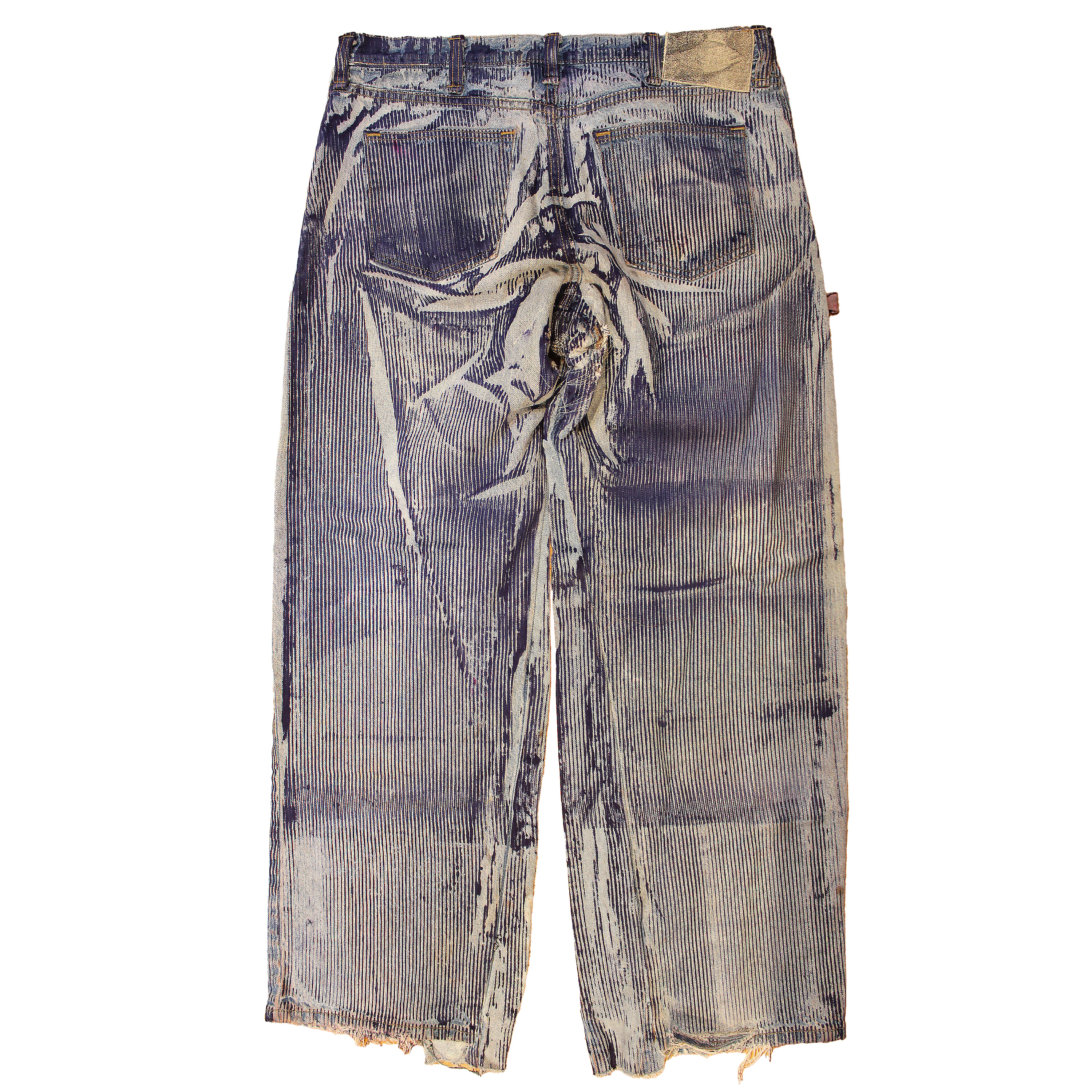 reclaimed vintage surplus denim screen printed with pinstripes in textile dye. tailored for straight/wide fit. fitted with custom keychain, scrap chain, and leather patches