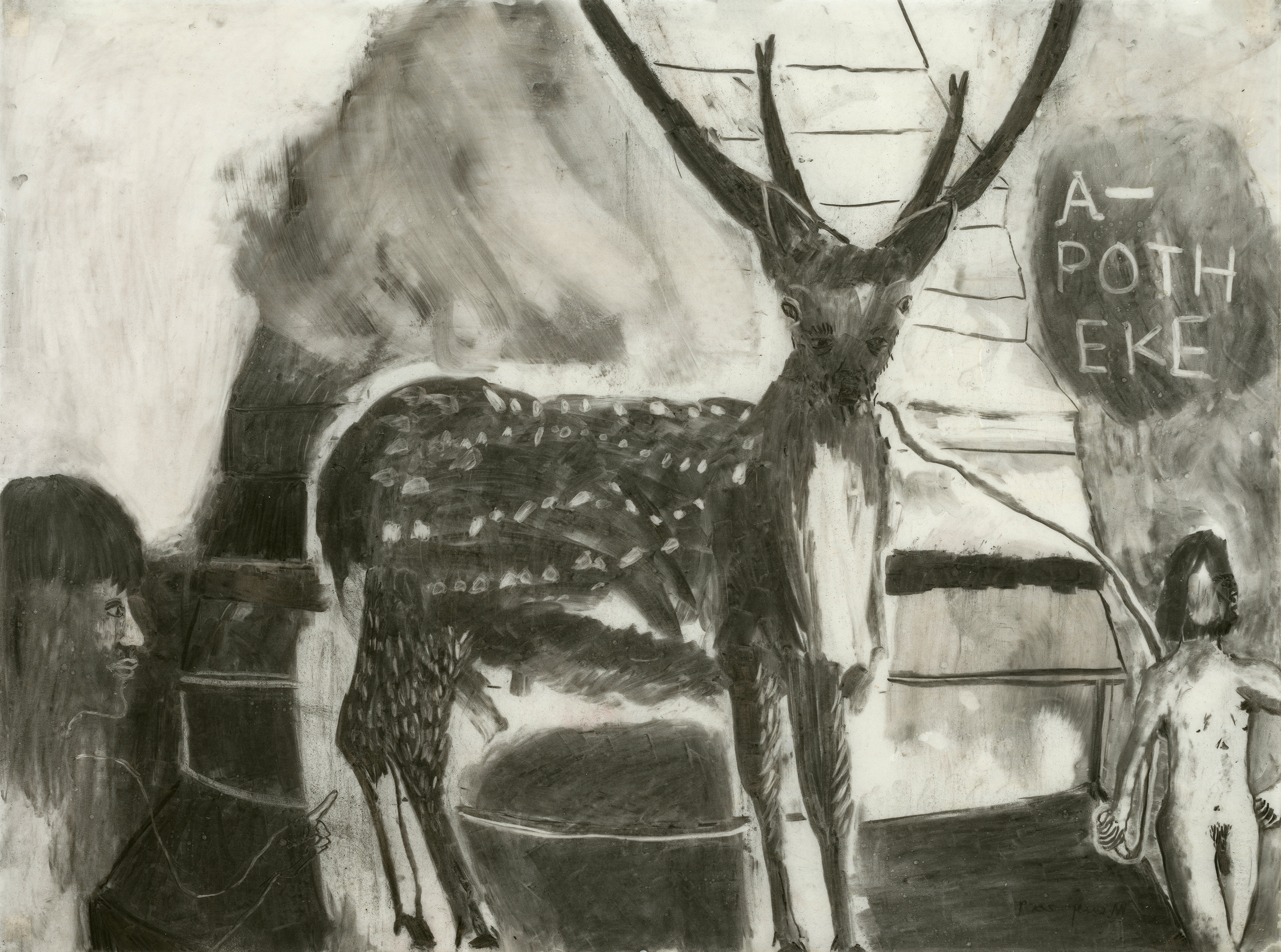 Apotheke 120 x 90 cm charcoal, wax on transparent paper