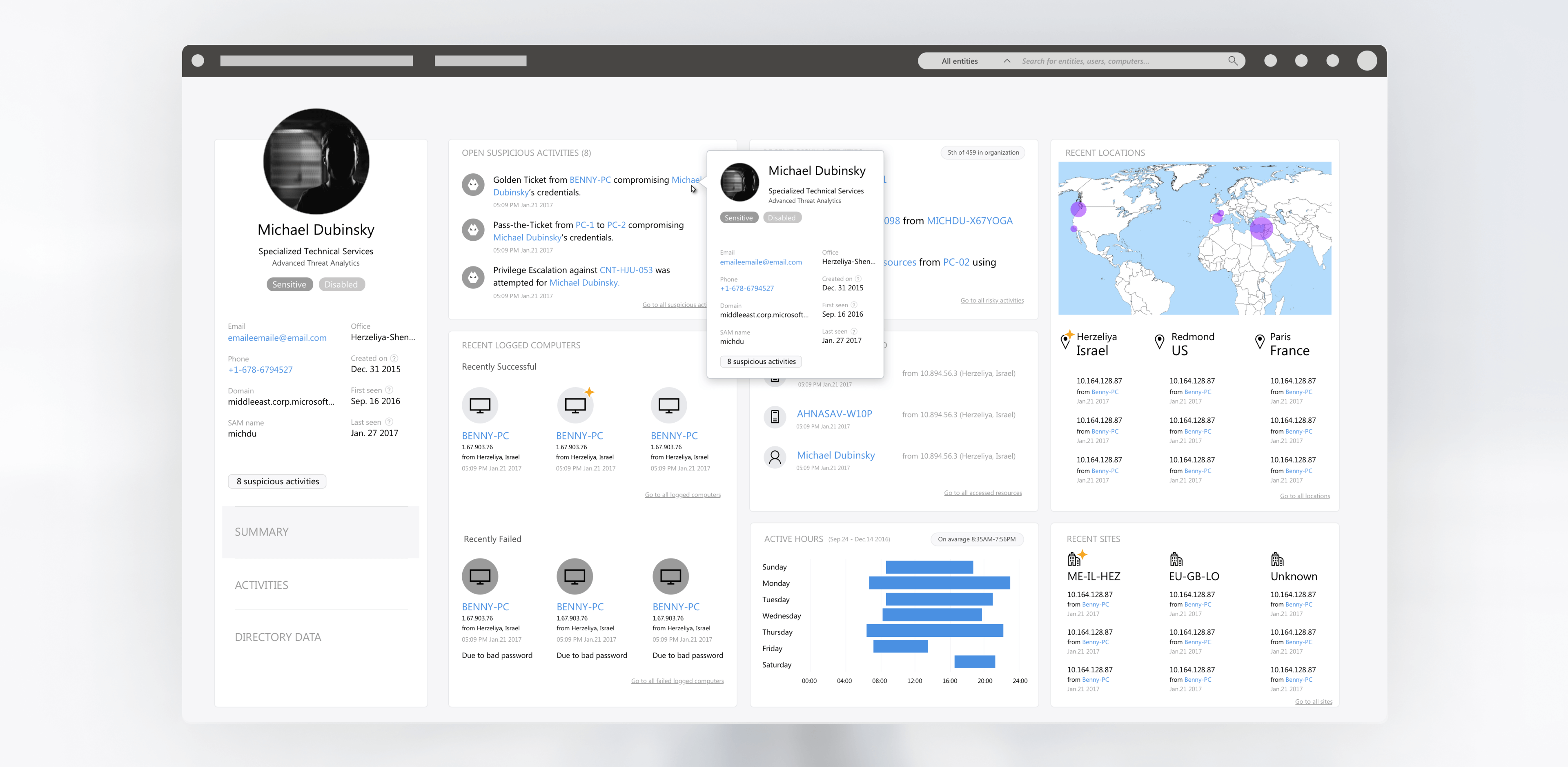 Advanced Threat Analytics (ATA) profile page after redesign, Summary tab (2).