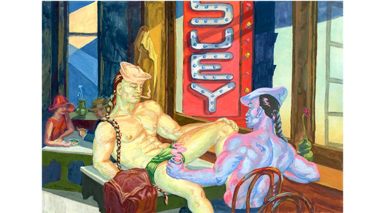A painting of 2 muscular people with long braided pony tails are sitting at a restaurant table. One person is yellow and the other is purple. The yellow person is sitting on top of the table smoking a cigarette and wearing green boxer briefs. The purple figure is holding a coffee and staring at the yellow figure. The sign above the two figures says "suey", we can assume this is a chop suey restaurant.