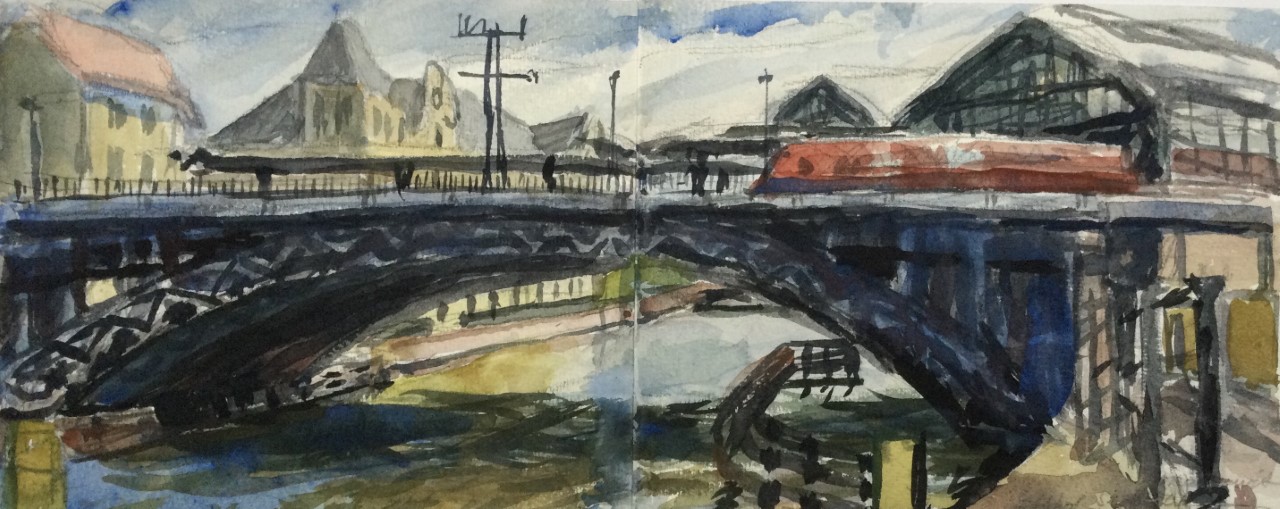 Berlijn Bahnhof Friedrichstrasse 2002 - watercolor 22x53 cm