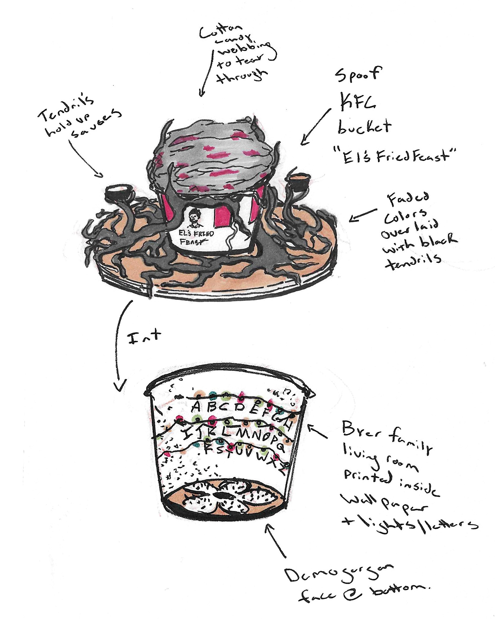 The first concept for the centerpiece played on the original 80's fried chicken buckets - overrun by Upside Down Tendrils trying to get inside through the webbed portal (cotton candy). The base cafeteria tray also holds the Tendril sauce cup holders. After getting through the cotton candy web, the custom container with sandwiches can be pulled up and accessed.