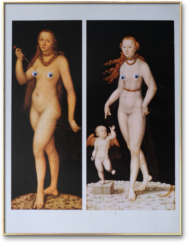 à esquerda: Lucrécia ou O suicídio de Lucrécia. De LUCAS CRANACH, O VELHO. Data provável 1524. Técnica: Painel de tilia. Dimensões: 193,5 x 75 cm. À direita: Vênus e cupido. Técnica: Painel de tilia. Dimensões: 196 x89 cm. De LUCAS CRANACH, O MOÇO. Dimensões da reprodução: 19.5 x 22 cm. PINACOTECA DE MUNIQUE, ALEMANHA