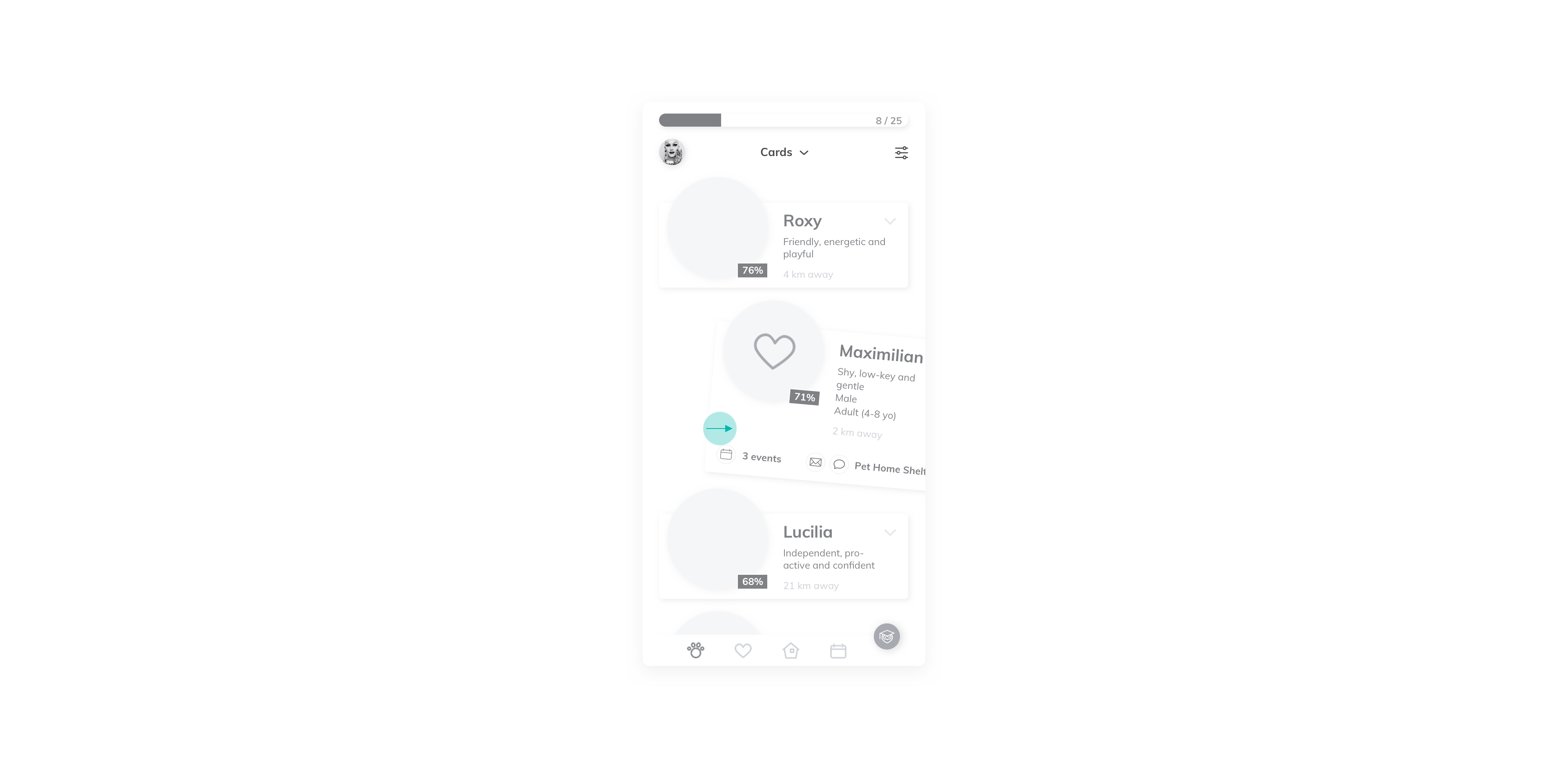 Pets screen, nearby pets. Swipe pet card to favorite.