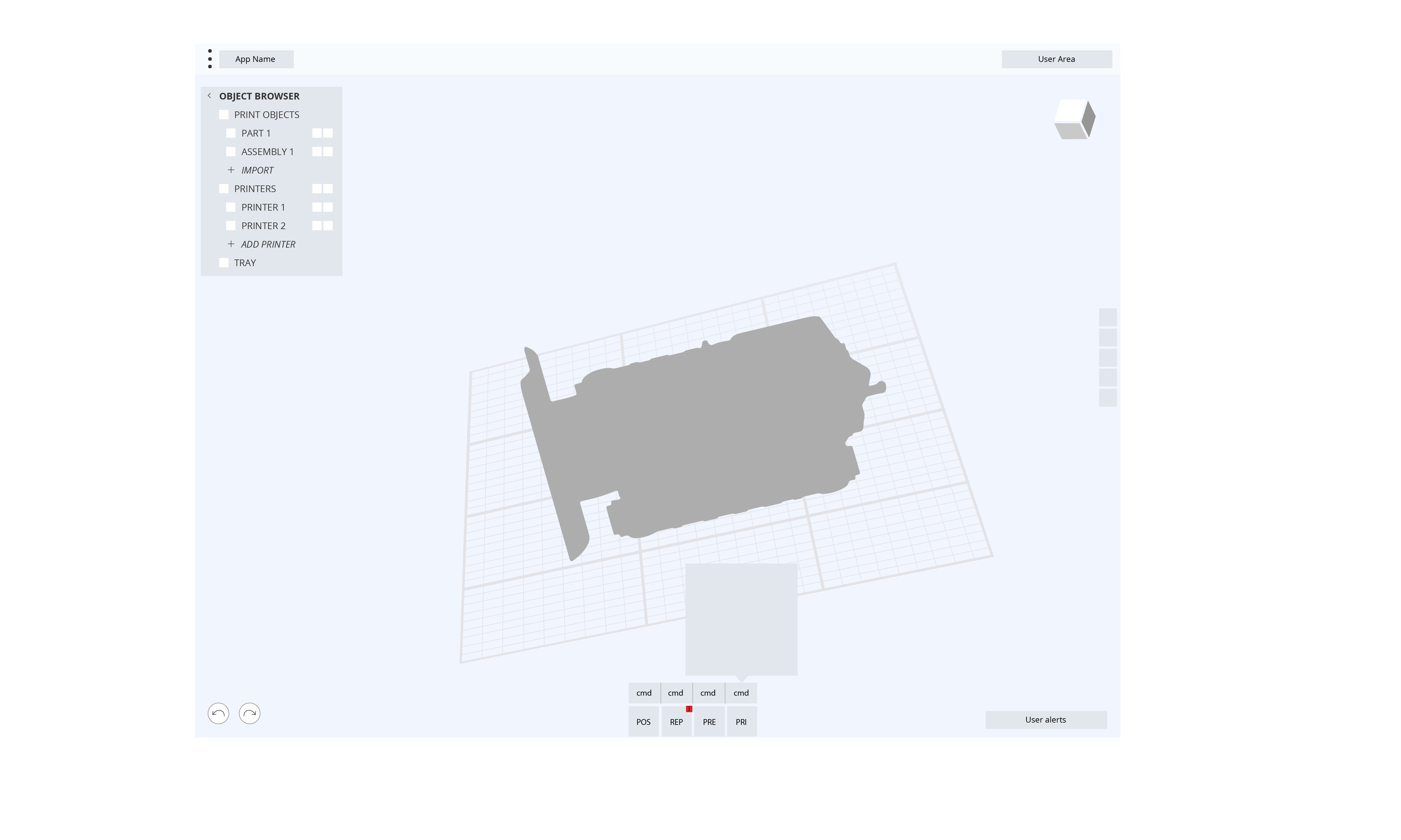 Initial layout of the Creo 3D pinting cloud app, 01.