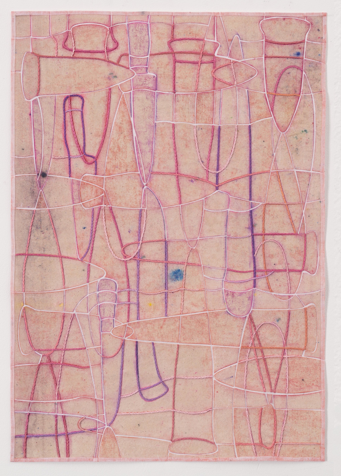   Knives and Bullets, 2020 . Color pencil, oil pastel and cotton threads on cut canvas mounted on cloth . 65 x 50 cm