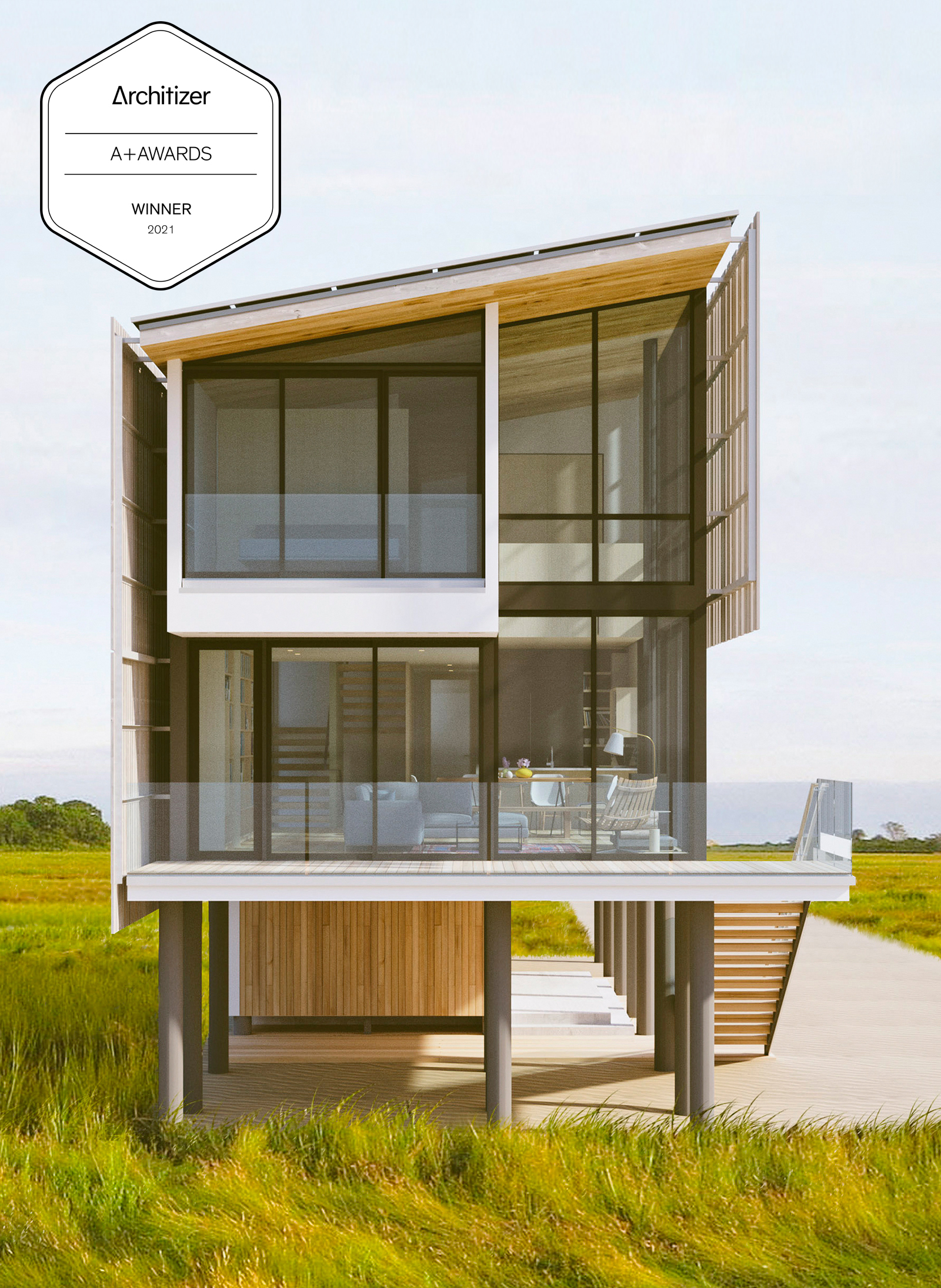 Architectural rendering of the Salt Box Residence elevated in the marshlands, featuring the official Architizer A+Awards Jury Winner 2021 badge.