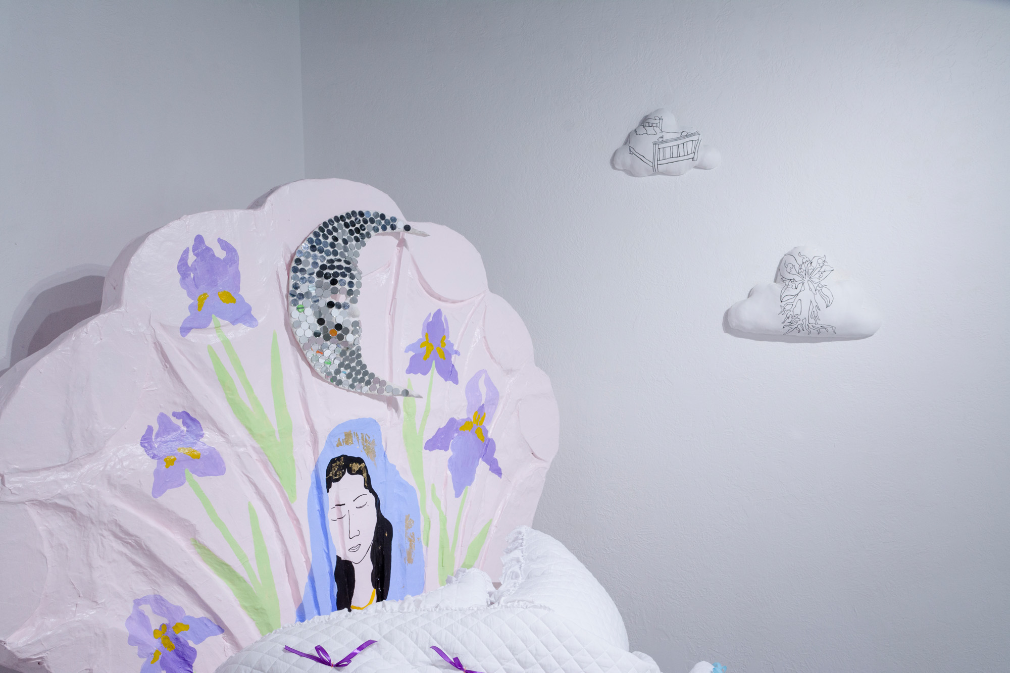 On wall, from left: Shared Bed, canvas, polyfil, acrylic, 2020, Tired Mandrake, canvas, polyfil, acrylic, 2020