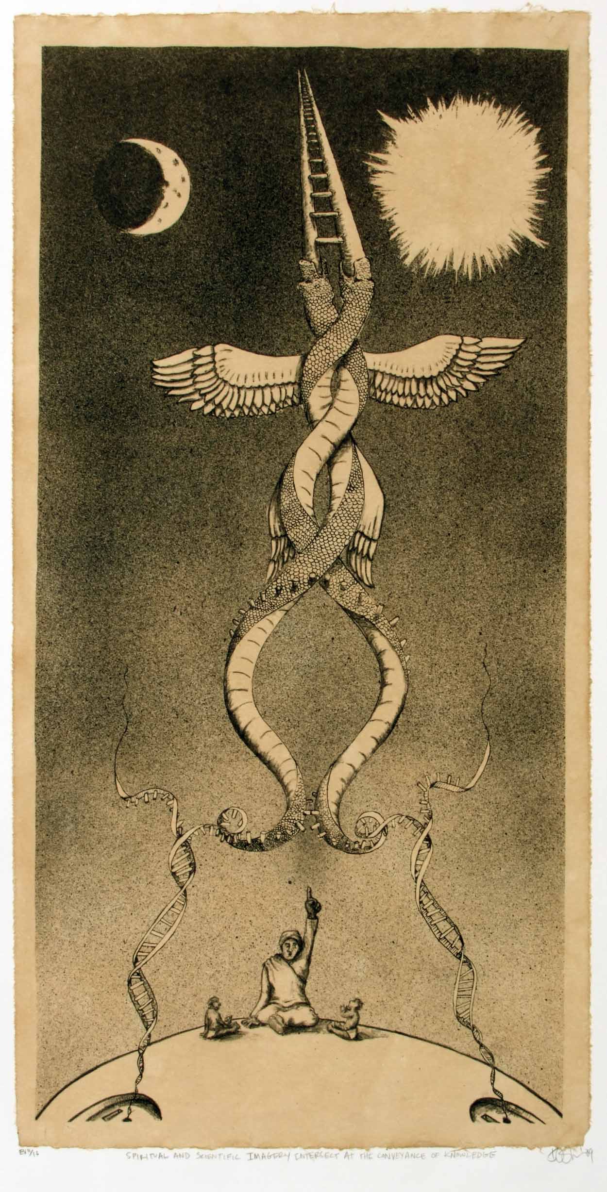 "Spiritual and Scientific Imagery Intersect at the Conveyance of Knowledge" 2009, 1 Color Lithograph with tea-stained Chine Colle, Varying Edition of 16