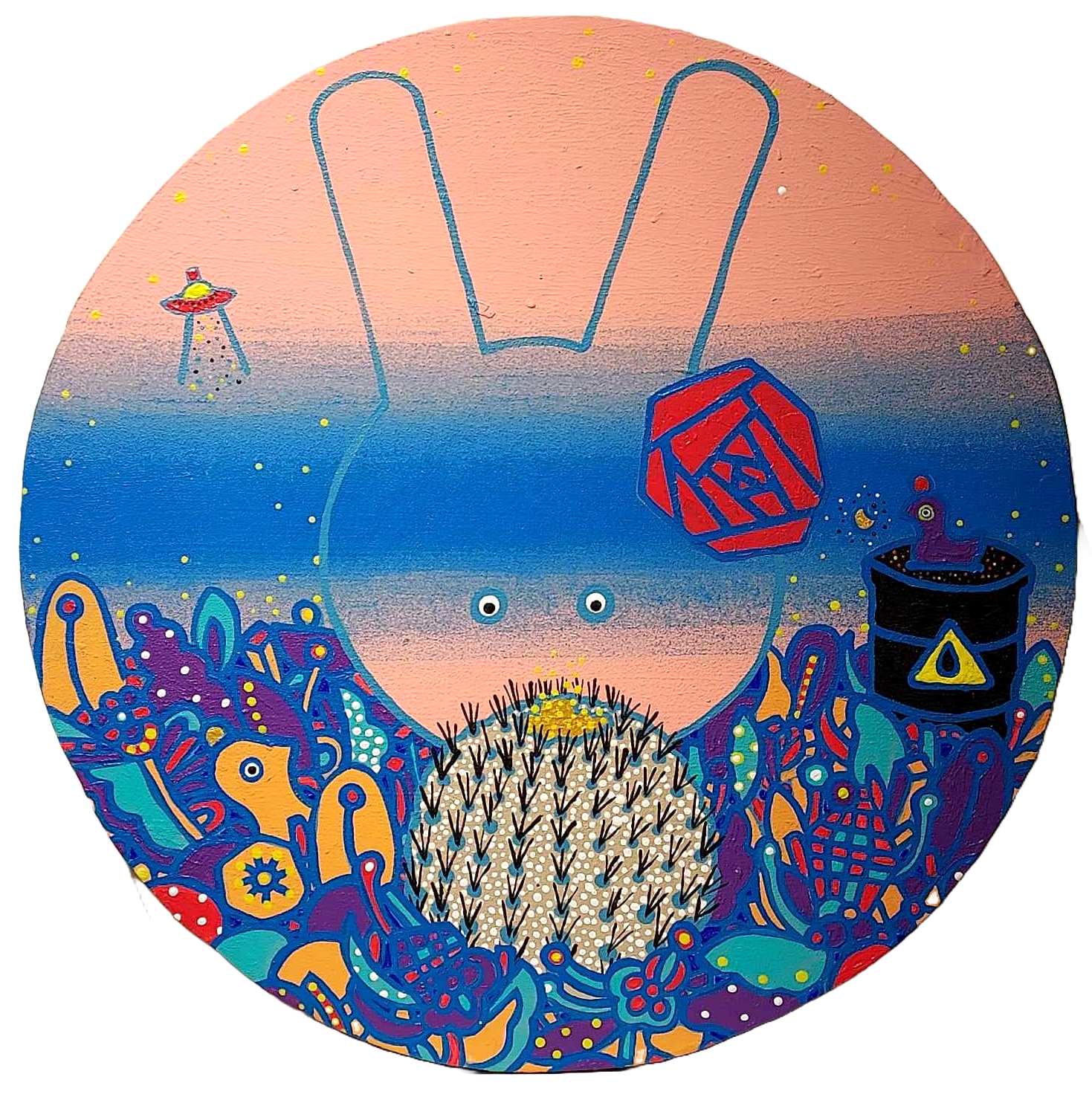 #39 / 黑色石油的秘密 #39 / The secret of black oil 2022 壓克力彩、造型木板 Acrylic, Styling wooden board 直徑 48 cm