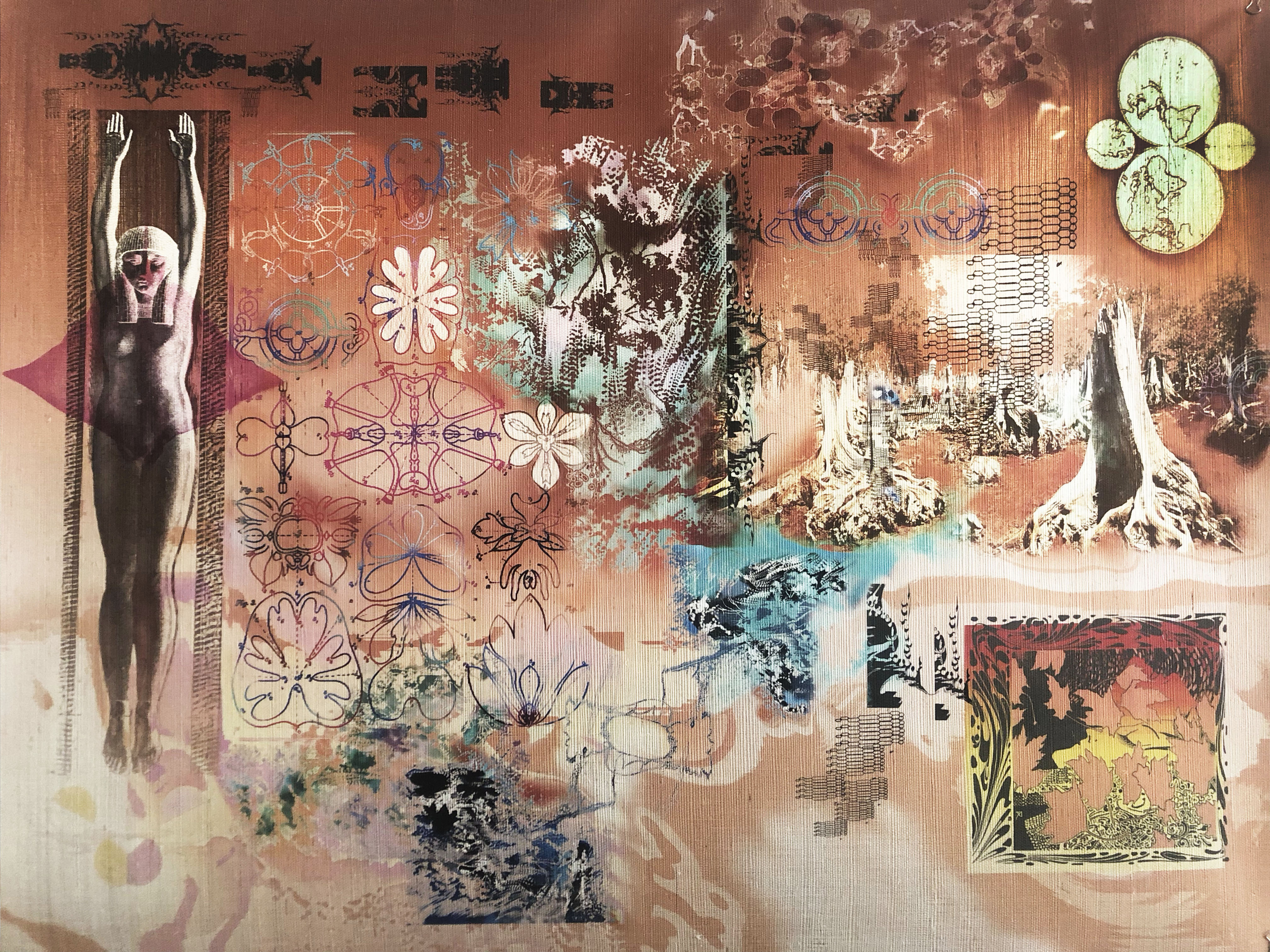 Extinction, 2020, 45" x 35" collage painting on woven grass