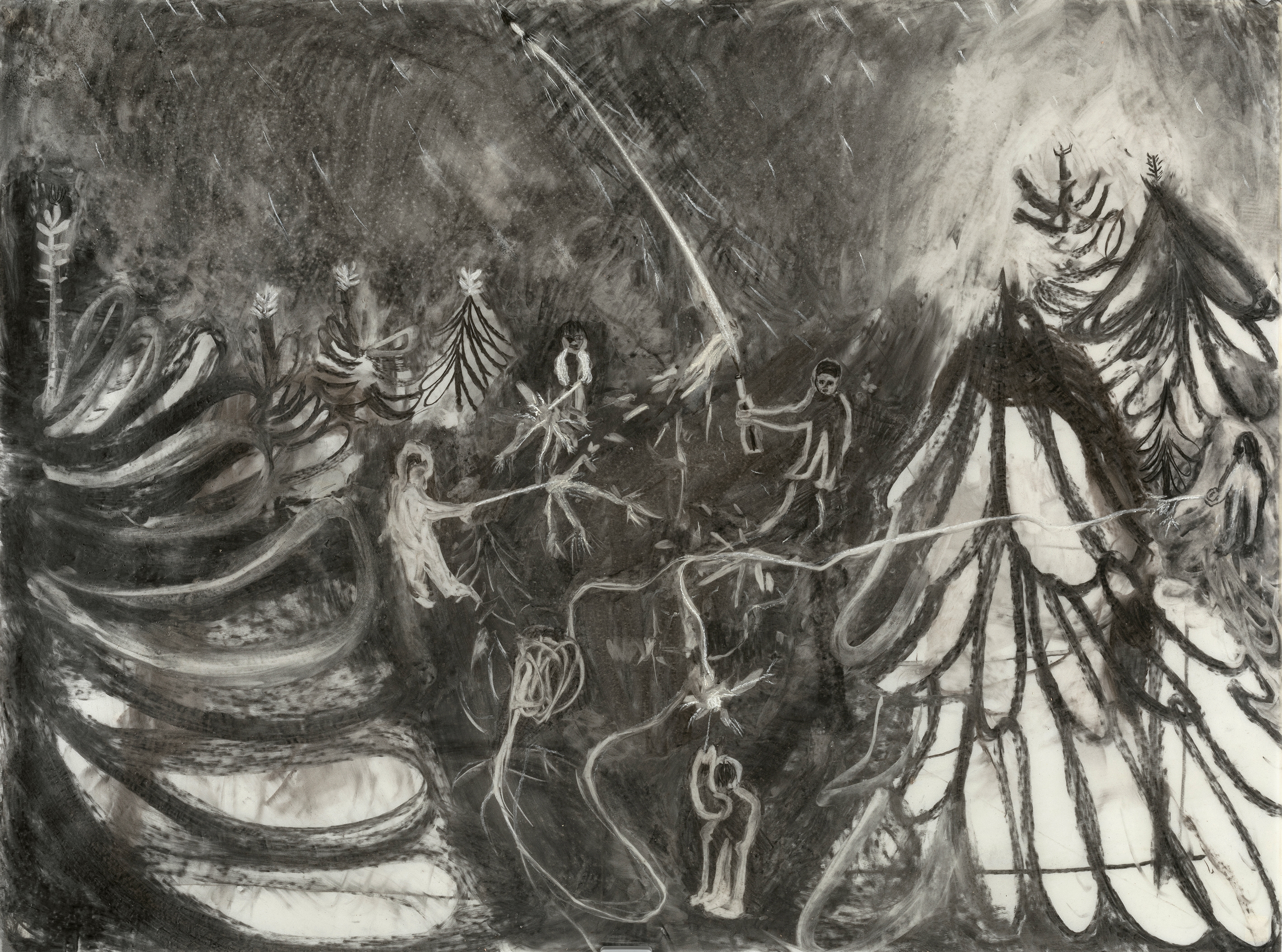 Silvester, 120 x 90 cm, charcoal, wax on transparent paper, 2020