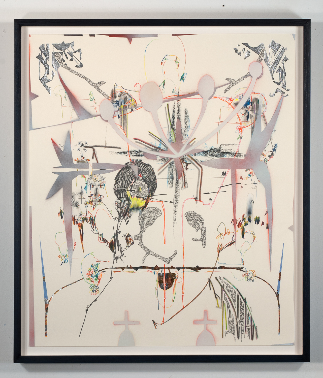 ghost tape post core  Ink, graphite, colored pencil, aluminum and variegated leaf, mica powder, frottage and aerosol on paper. 2022 - 24 x 21 - framed 