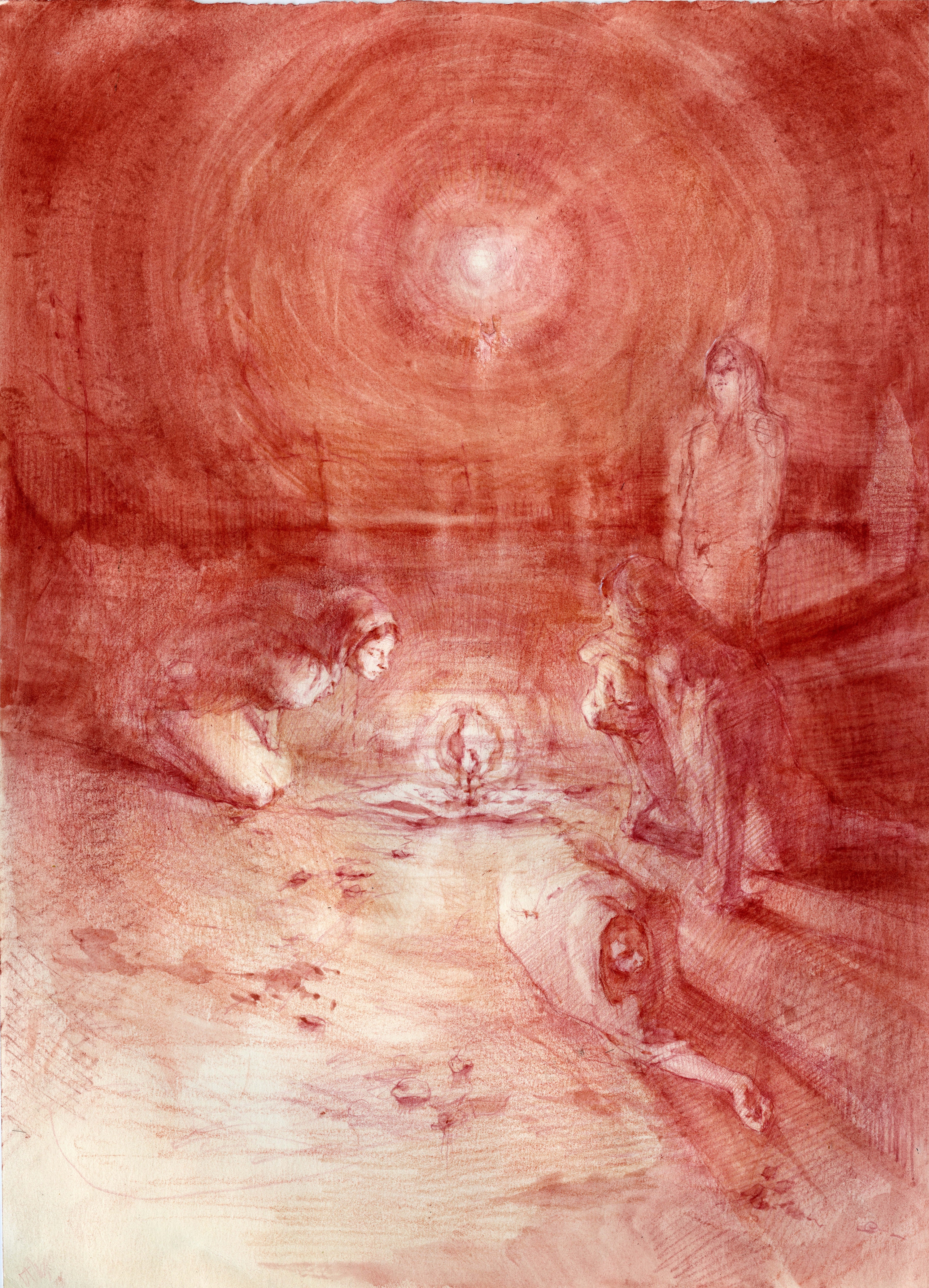 The Dawning, 10''x13'', Red Pencil and Ink on Toned Paper 