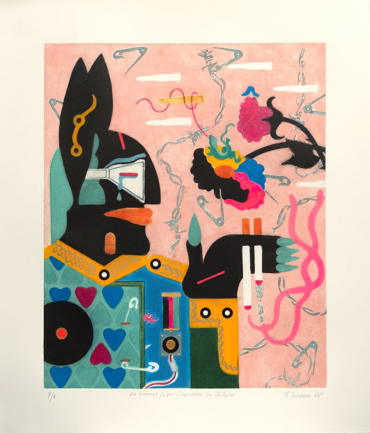 Timothy Siciliano, Le G&eacute;n&eacute;ral Lapin Consid&egrave;re Sa D&eacute;faite (The Rabbit General Considers His Fate), Edition of 12, 2025, Metal etching, aquatint and silkscreen on paper, 30 x 25 1/2 in.