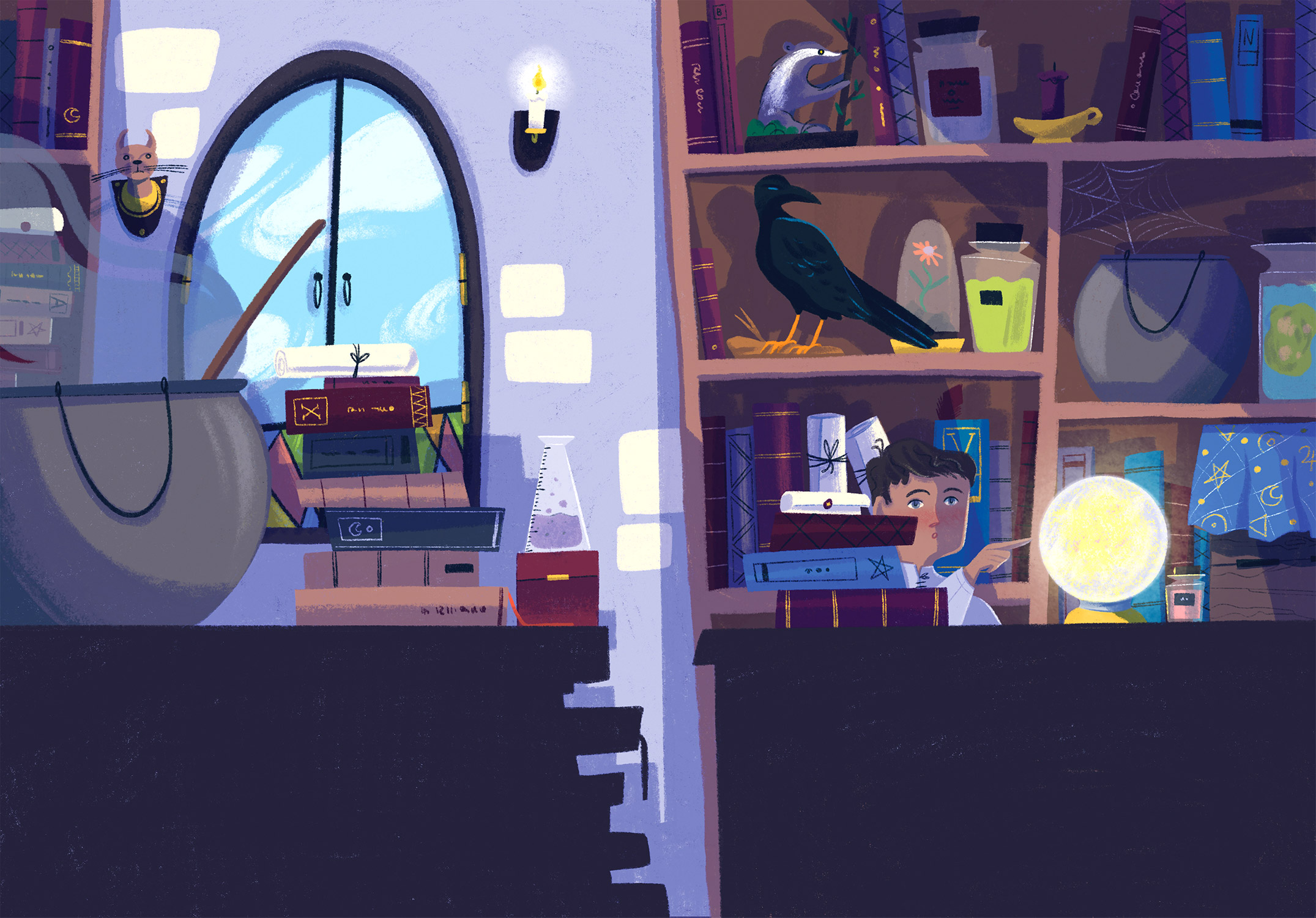 A boy touches a luminous fortune teller ball in a room with a cauldron and shelves filled with books, flasks and wizardry items.