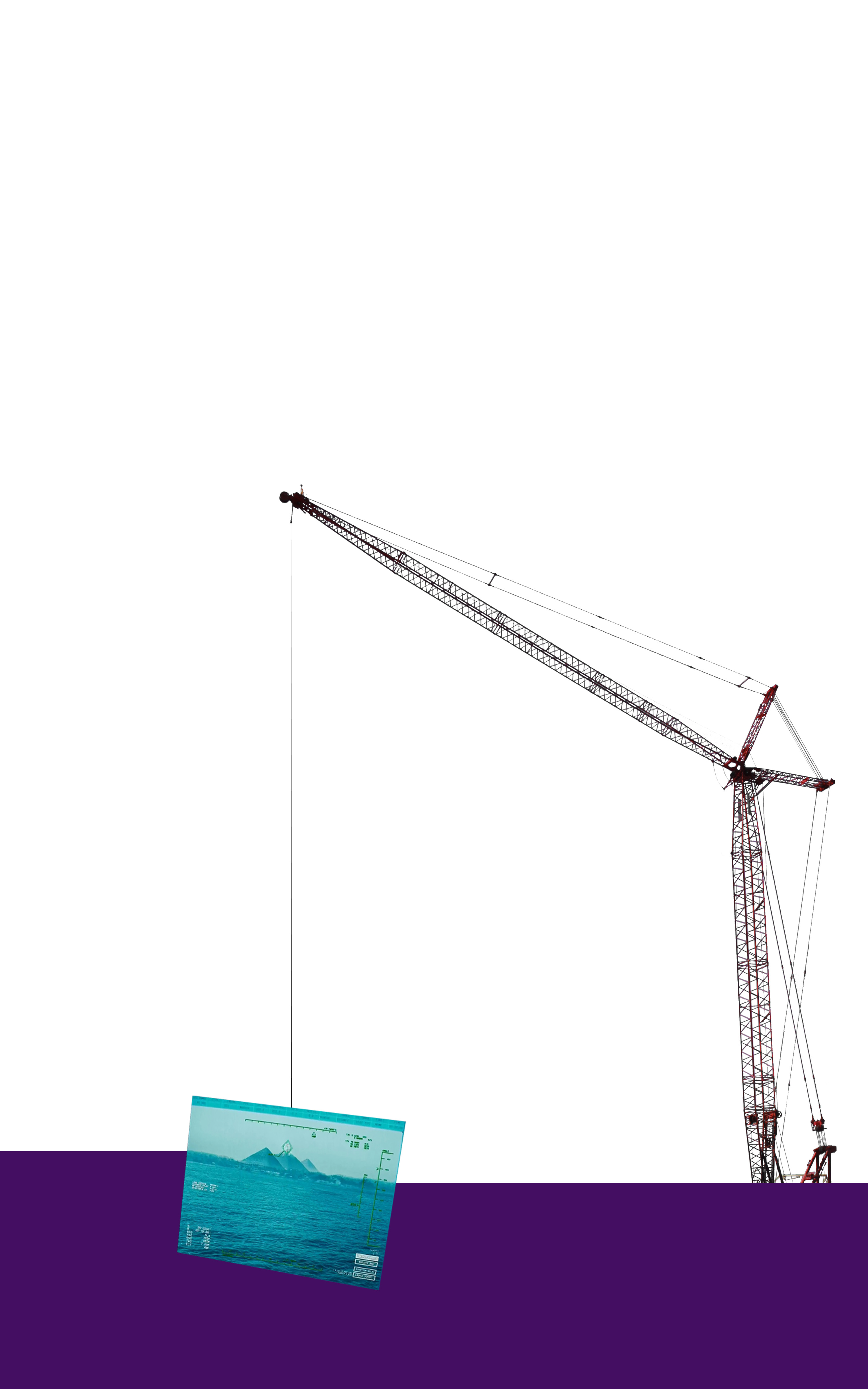 Fig. 17. Kevin Zhu, wine-dark sea, 2018, digital image, dimensions variable. [A construction crane atop a purple plane holds an image of a weapon&rsquo;s viewfinder framing a targeted Decepticon17 on the Giza Pyramid Complex in Egypt.]