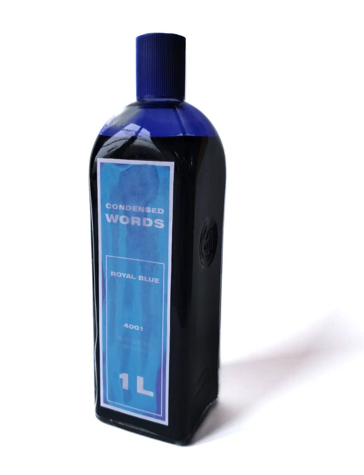 Condensed words (washable words), Ink bottle c.a. 1975 1l Royal Blue Günther Wagner, Ink Label, 28x8x8cm, 2024
