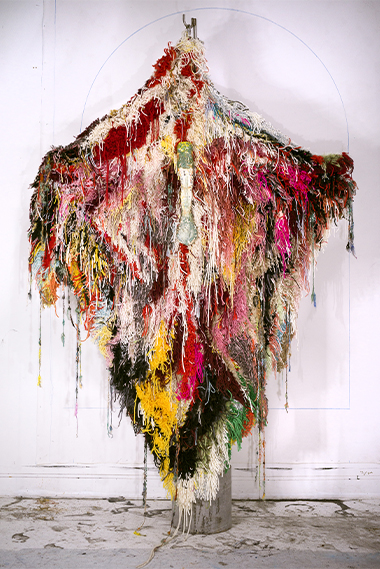 Roseate Spoonbill, 2021. Wool, Ceramic, Stainless steel, Rebar, Concrete, 109” x 71” 