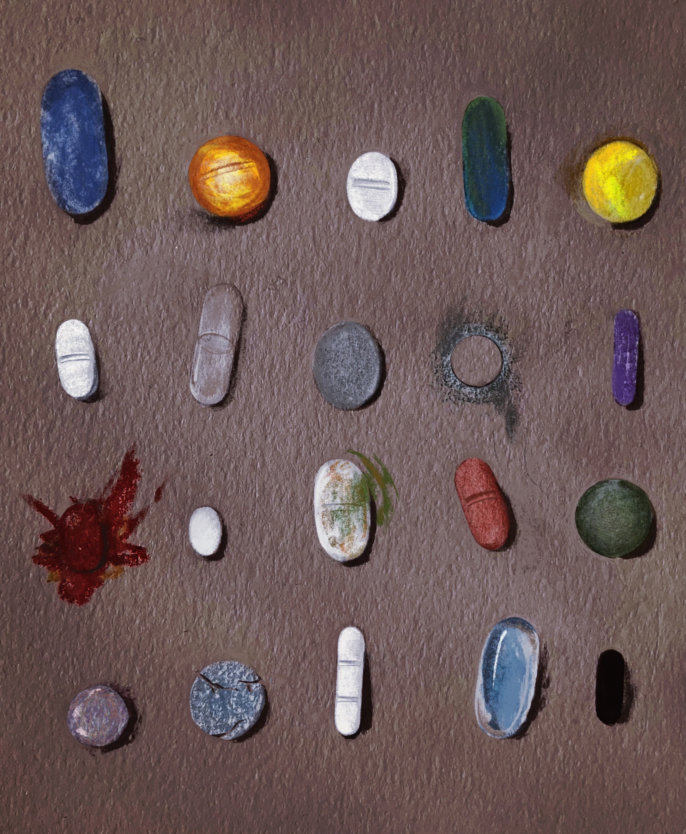 "A Brief Inventory of My Drugs and Their Retail Price" by Emily Maloney.  The author's experience with medical debt and a series of misdiagnoses. Mixed media.
