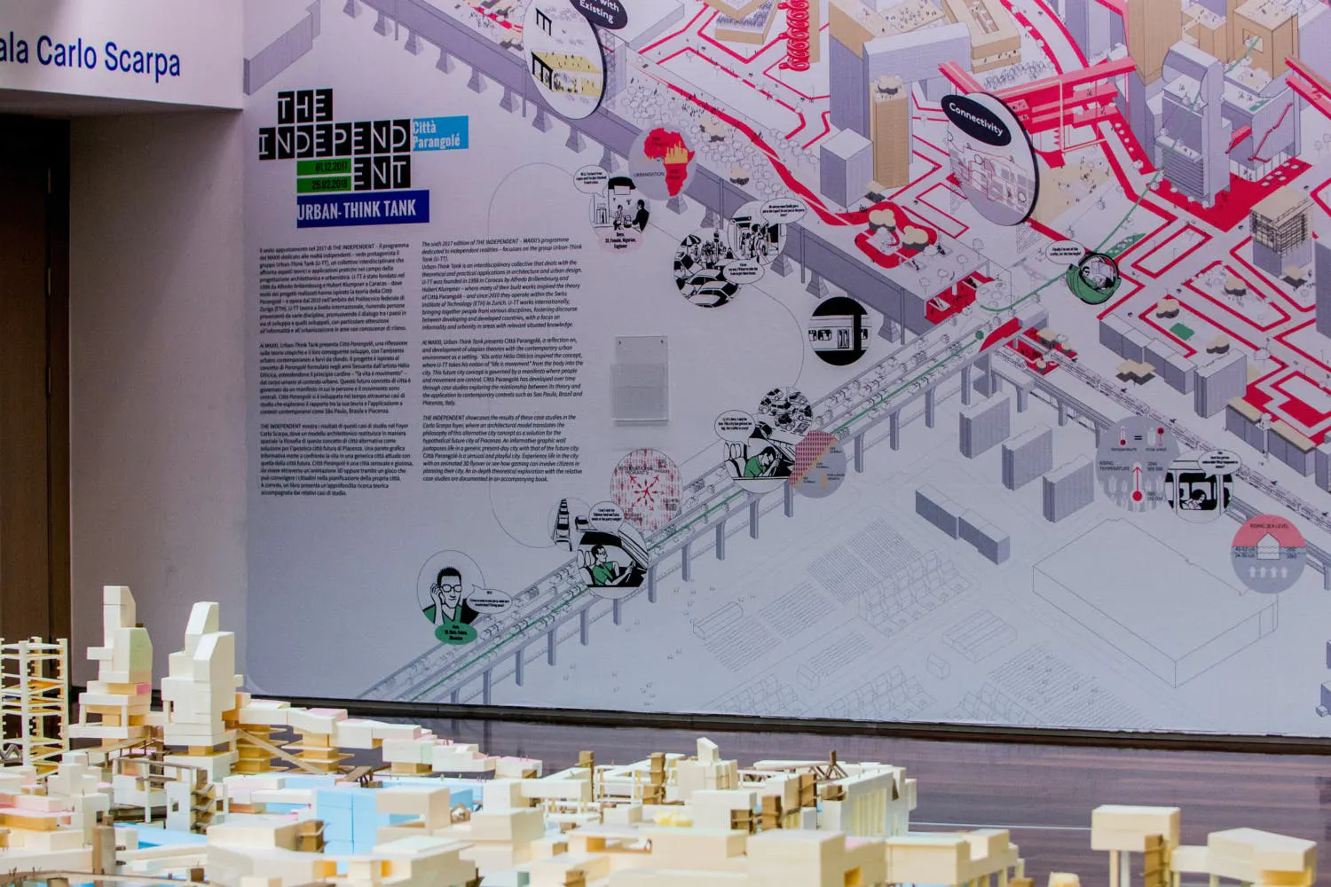 The exhibition wall depicting the utopian city, also reflected in the 6m x 6m model on the floor
