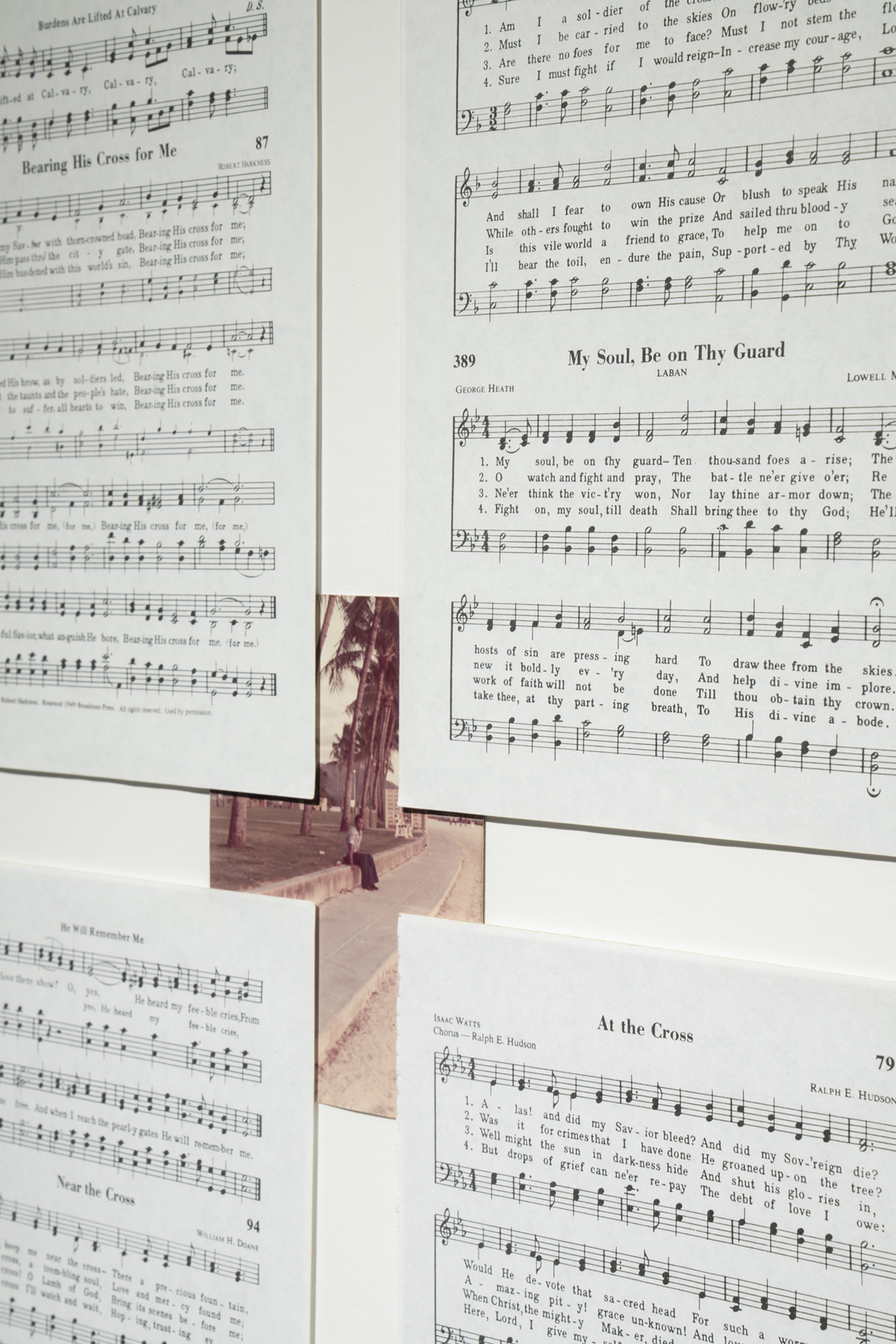 KEEP ME NEAR THE CROSS (detail) – 17”x 22.25" – Photograph, hymnal pages on paper
