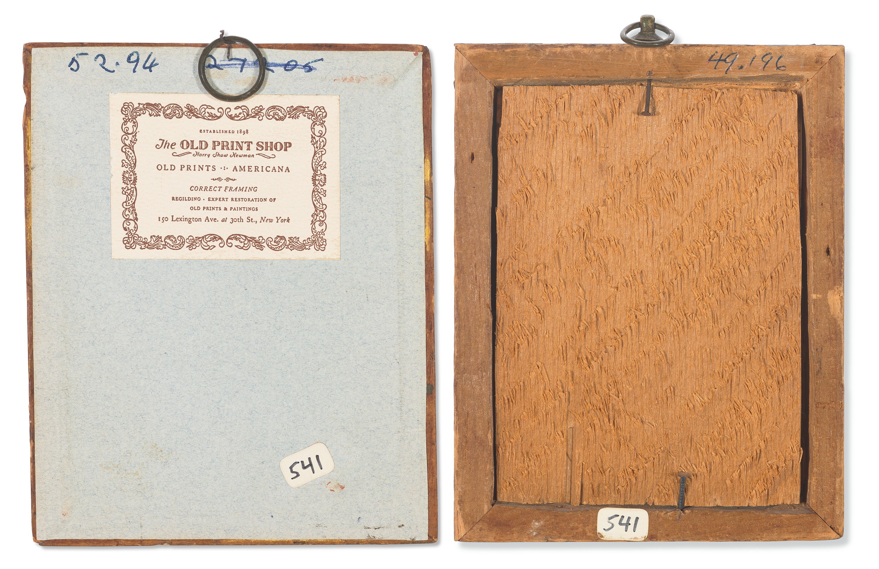 View of the backs of portrait miniatures: one with paper backing and label; the other with only wooden backing.