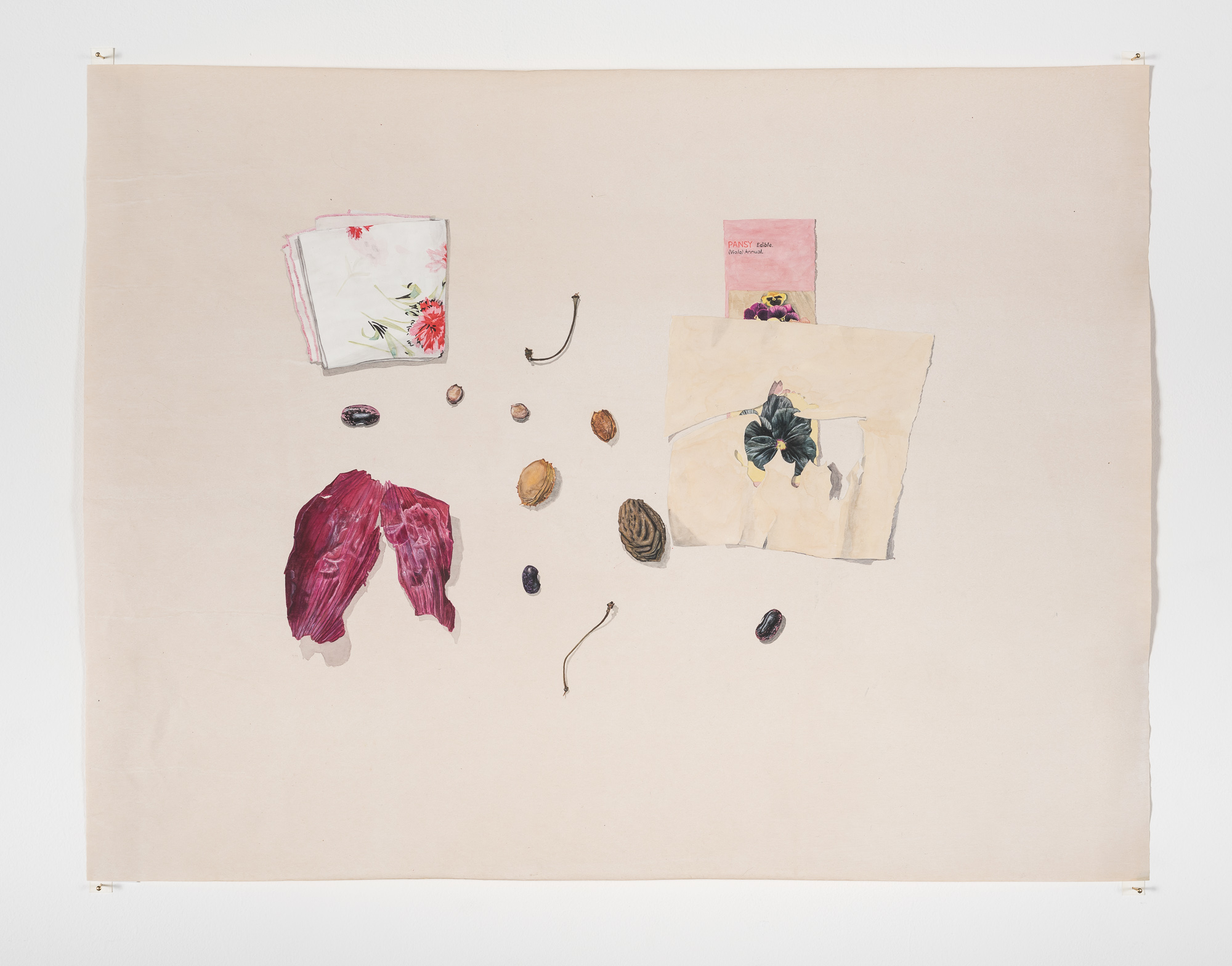 Pits and scraps, 2018Gesso, watercolor, and watercolor pencil on newsprint, 18" x 23"