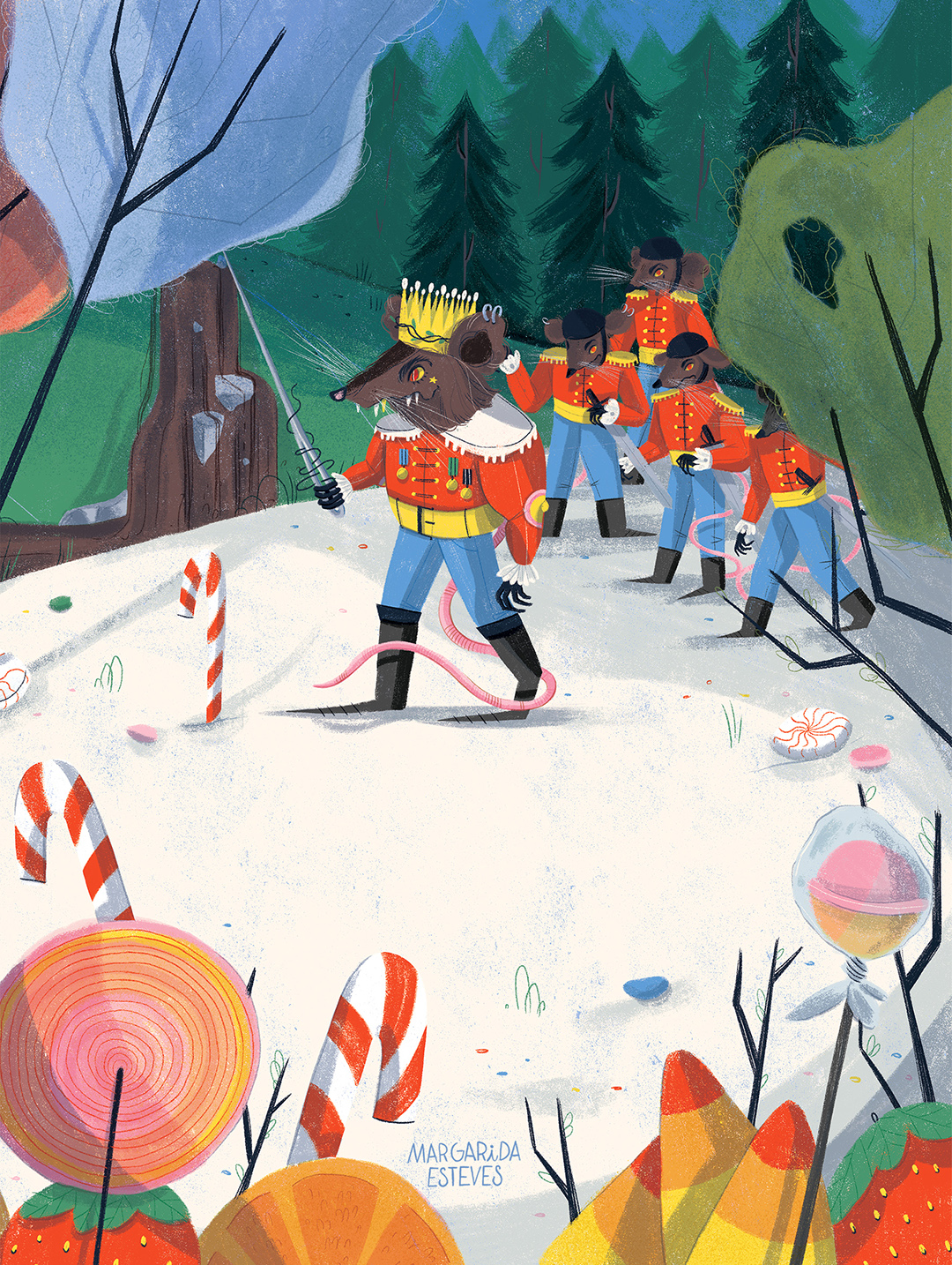 The mouse King holding a needle sword and his army.