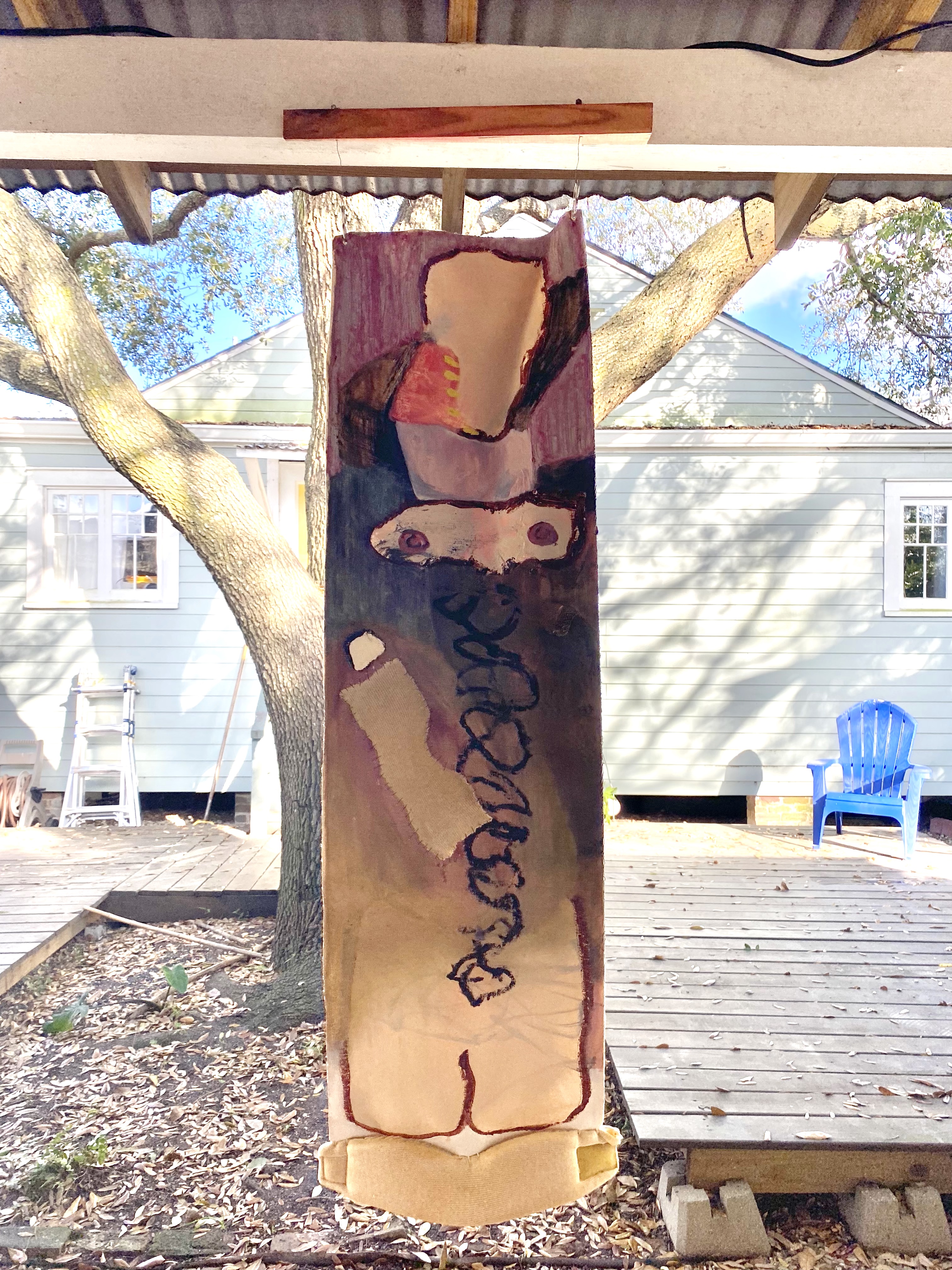 choke hold, 17 x 61 inches, Oil and old neck brace on canvas with found materials, 2018