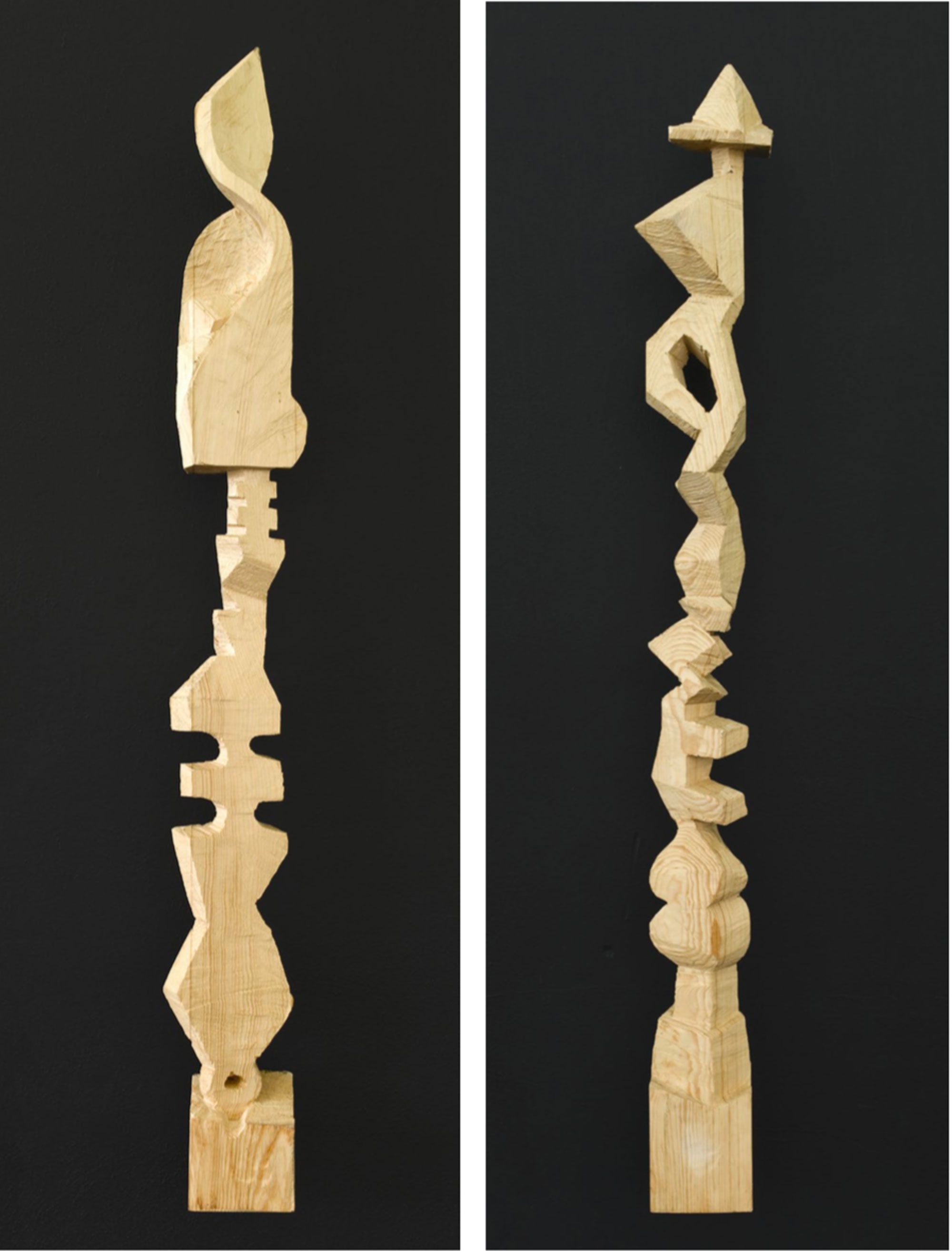 Pedro Wirz, KAROLINA (left); TOBIAS (right) (2011) | Carved pine wood, 200 x 25 x 20 cm (each)
