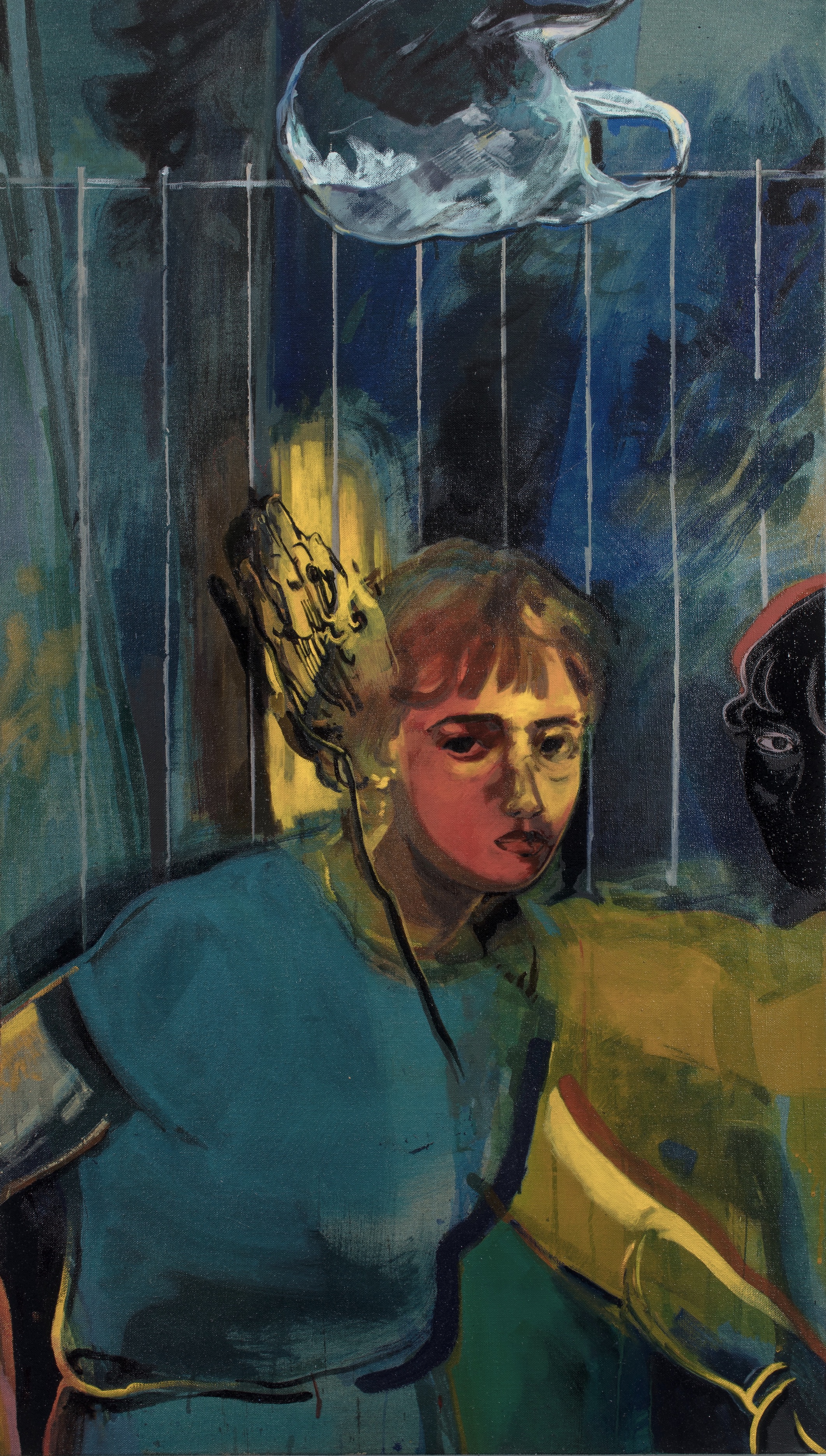 From observation (with plastic bag), 2019. Acrylic and oil paint on flax, 159 x 90 cm.