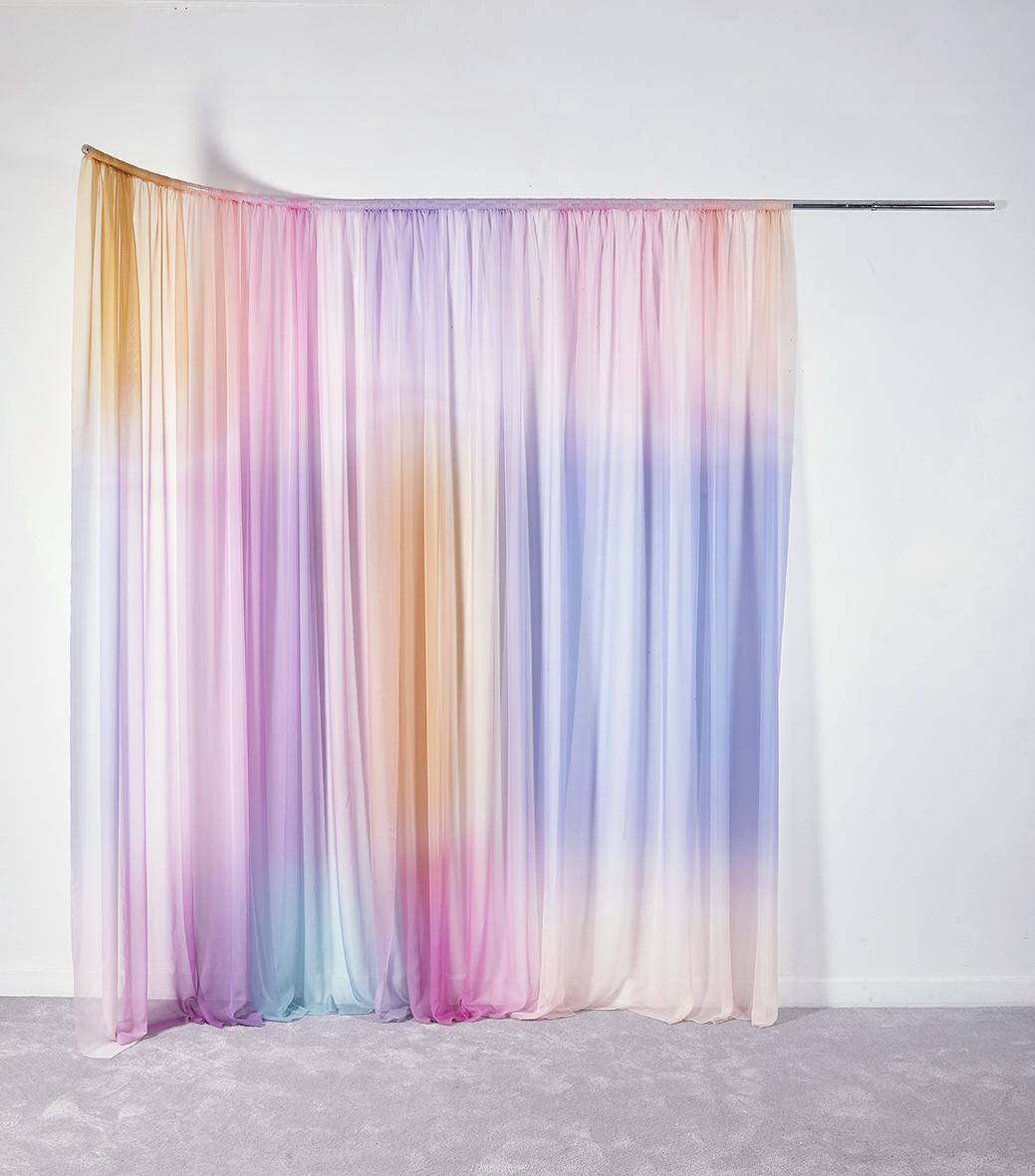 How to drape Nadja, Christy, Claudia, Cindy and Stephanie photographed by Richard Avedon for Versace’s Fall 1994 campaign, chromed steel and printed silk, 240x255x50cm, 2024.