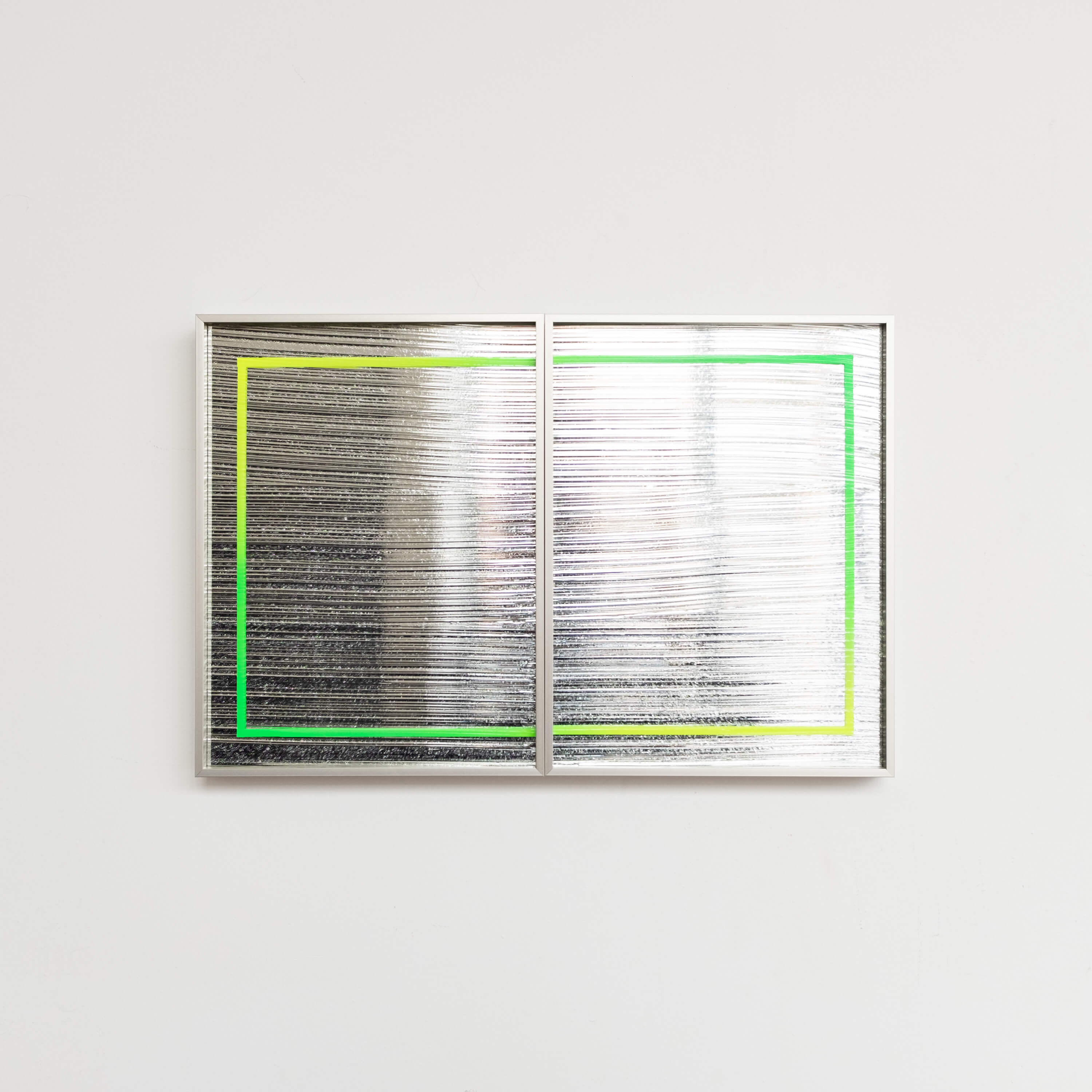 RIS 25 (Chartreuse Border), 2020, Enamel and acrylic on mirror, 12 x 18 in