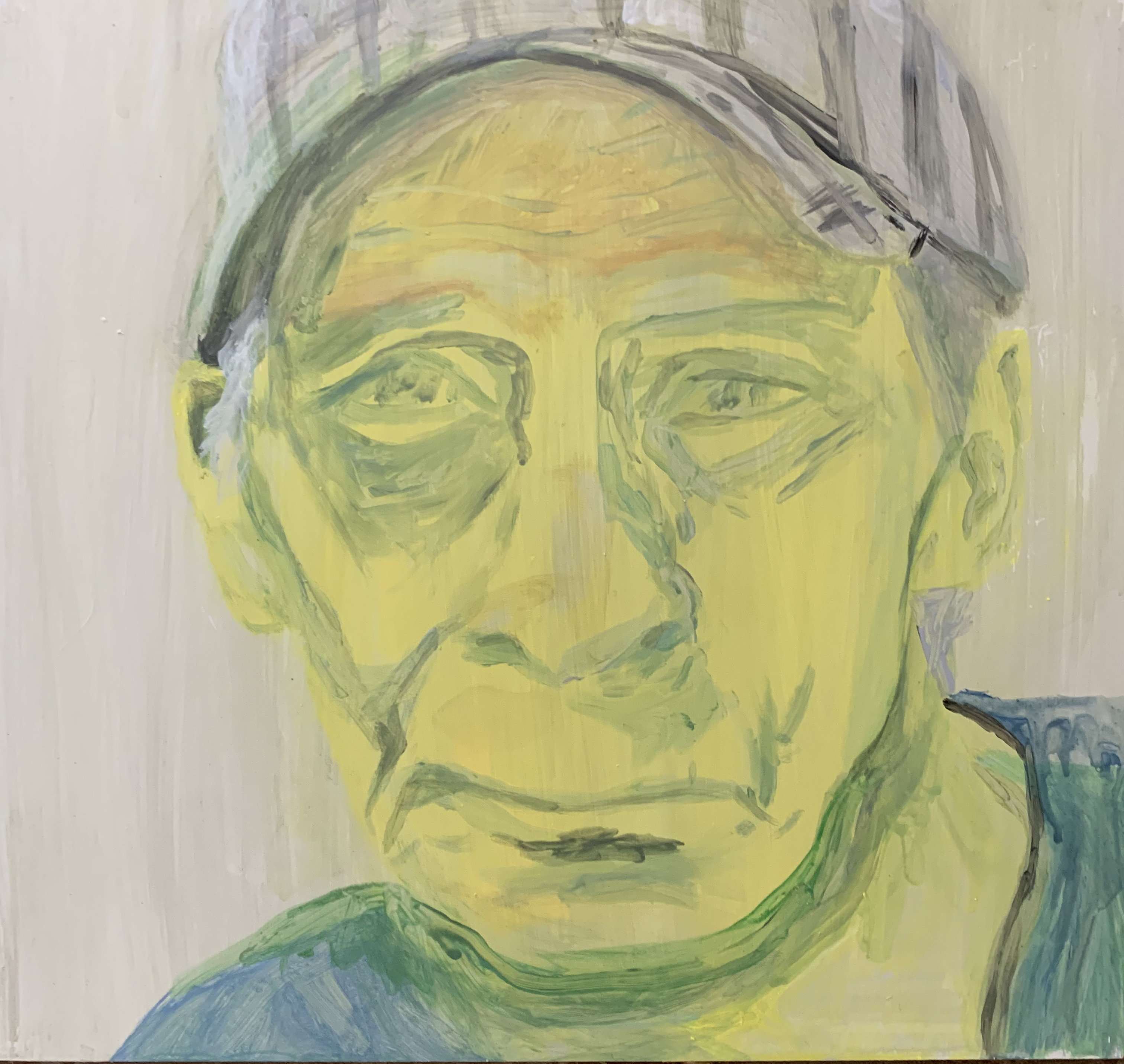 A portrait painting of a person’s head with a yellow cartoon-like skin tone and short gray hair which is kept under a ball cap. They are wearing a blue shirt and against a grey background with a sad expression. The style overall is loose and made of an efficient number of brush strokes.