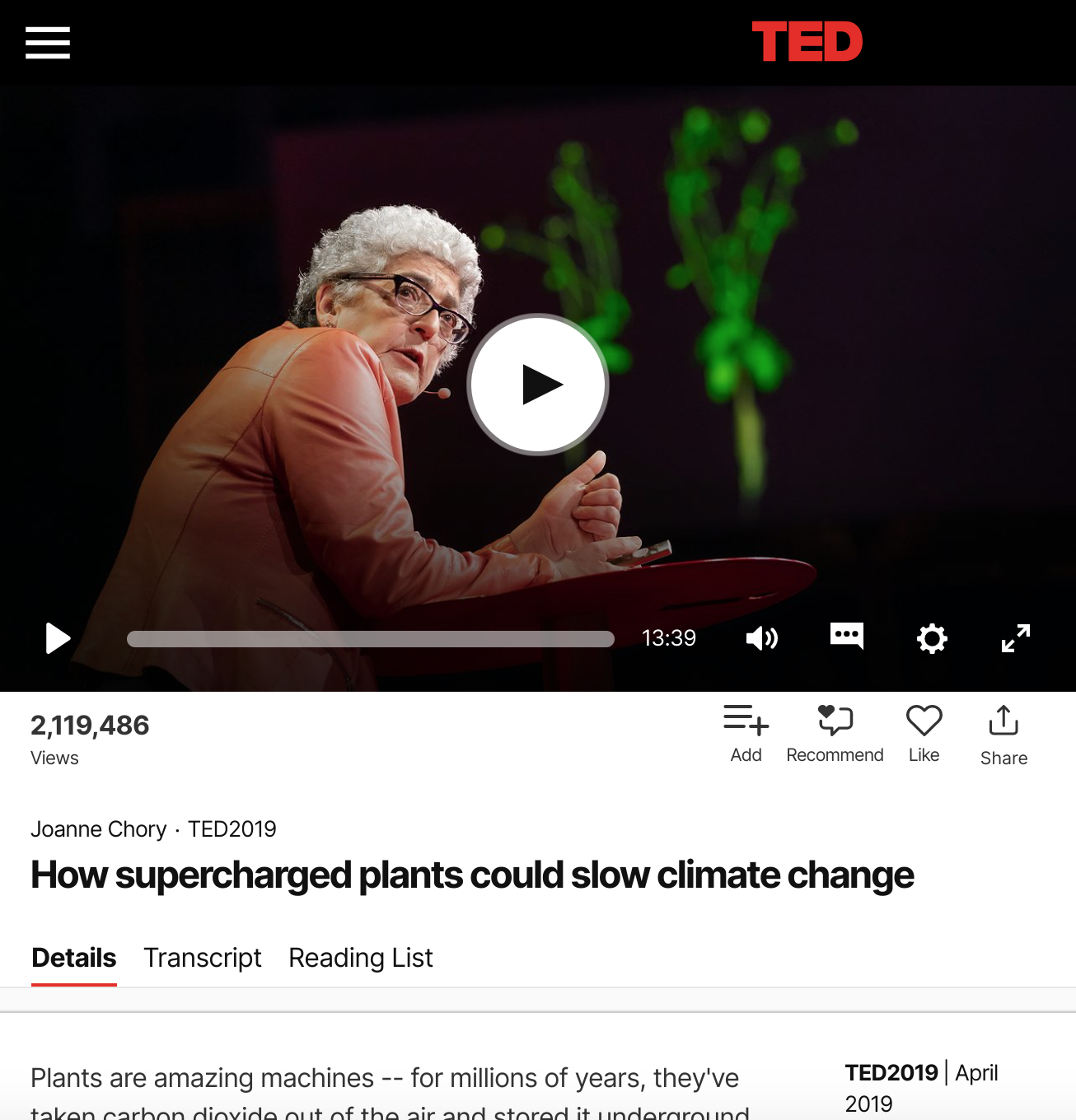 Joanne Chory. How supercharged plants could slow climate change. TED Talk.