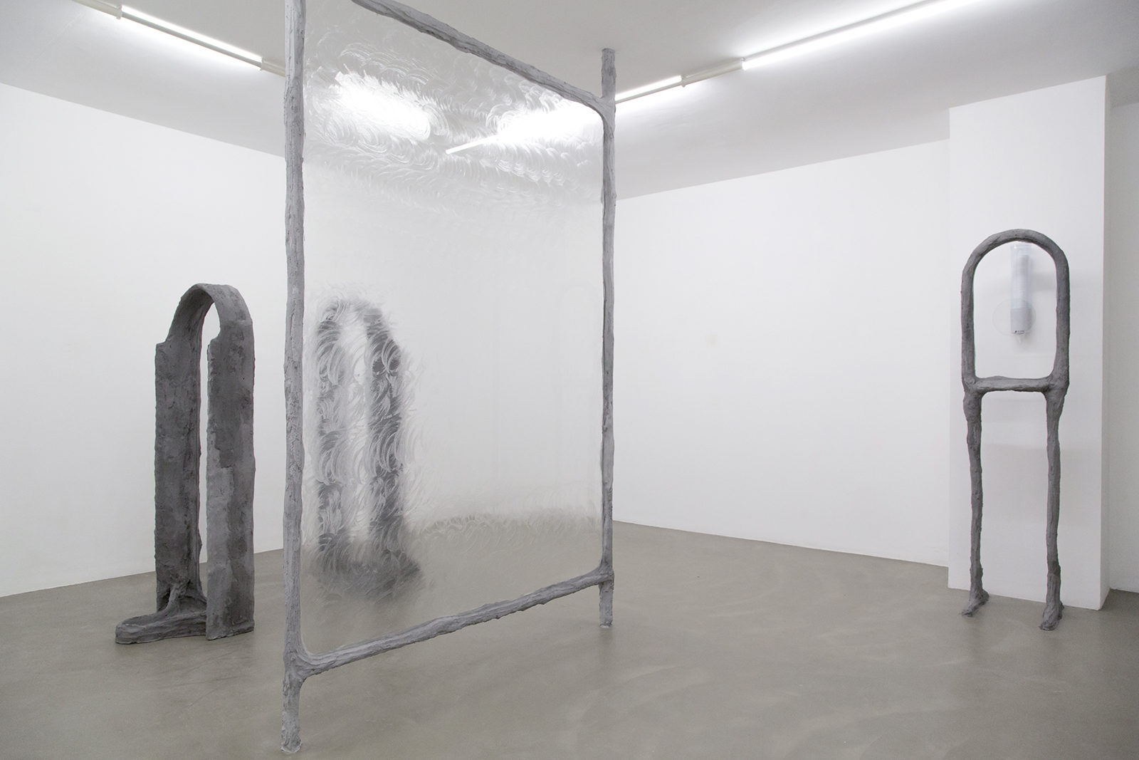 Nature Calls, 2017, plaster, sand, pigment, burlap, steel, glass, vaseline