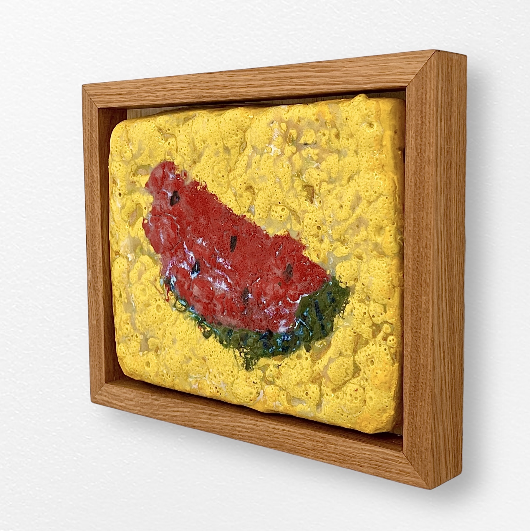 Watermelon 1, 2024, ceramic glaze on stoneware, white oak frame, 12"x10"