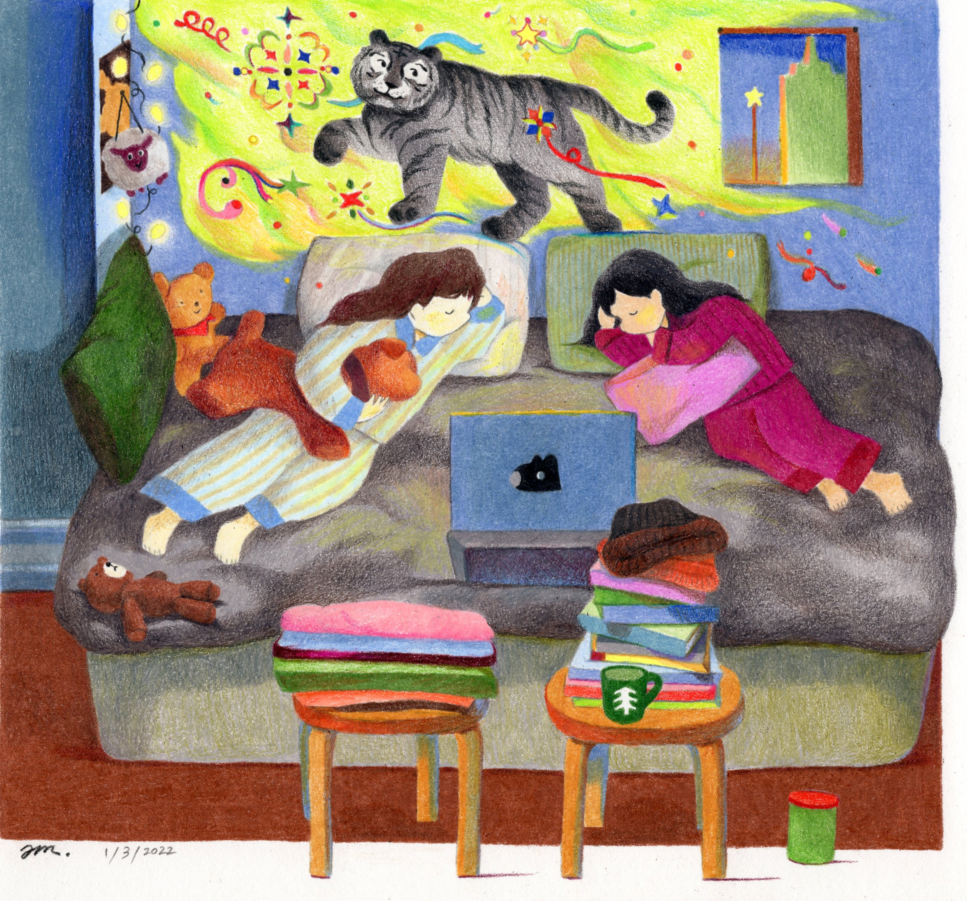 When you fell asleep in the middle of movie night, a happy tiger might visit you.