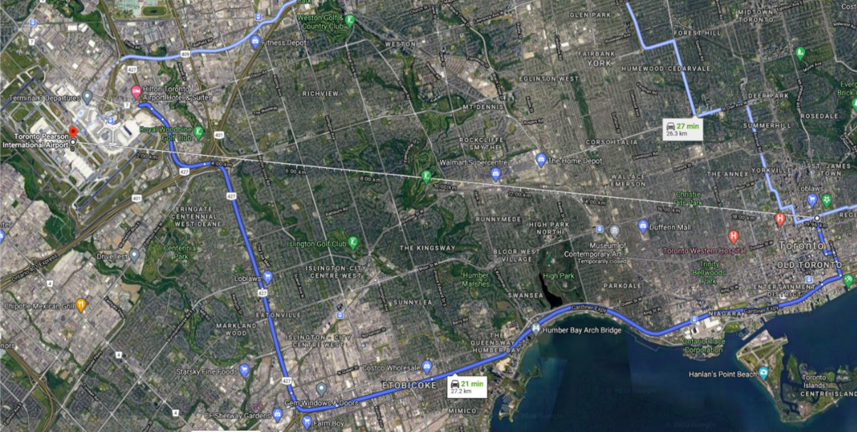 Distance of Weather Station to Research Location Red Pin is Pearson International Airport while the white pin is Ryerson University.