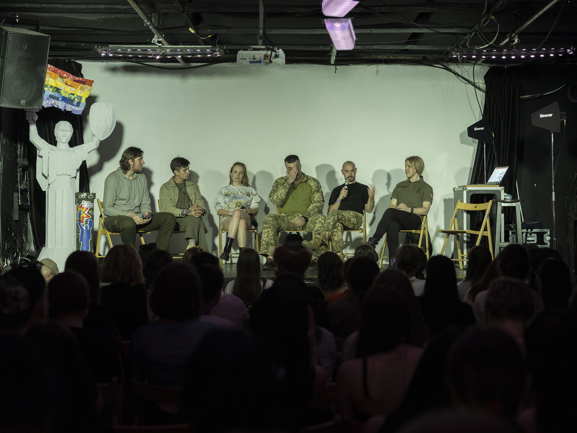 Pavlo Lagoyda sharing his experience during a panel talk at a Pride event at the Closer club during the Pride Weekend in Kyiv, Ukraine in June, 2024.