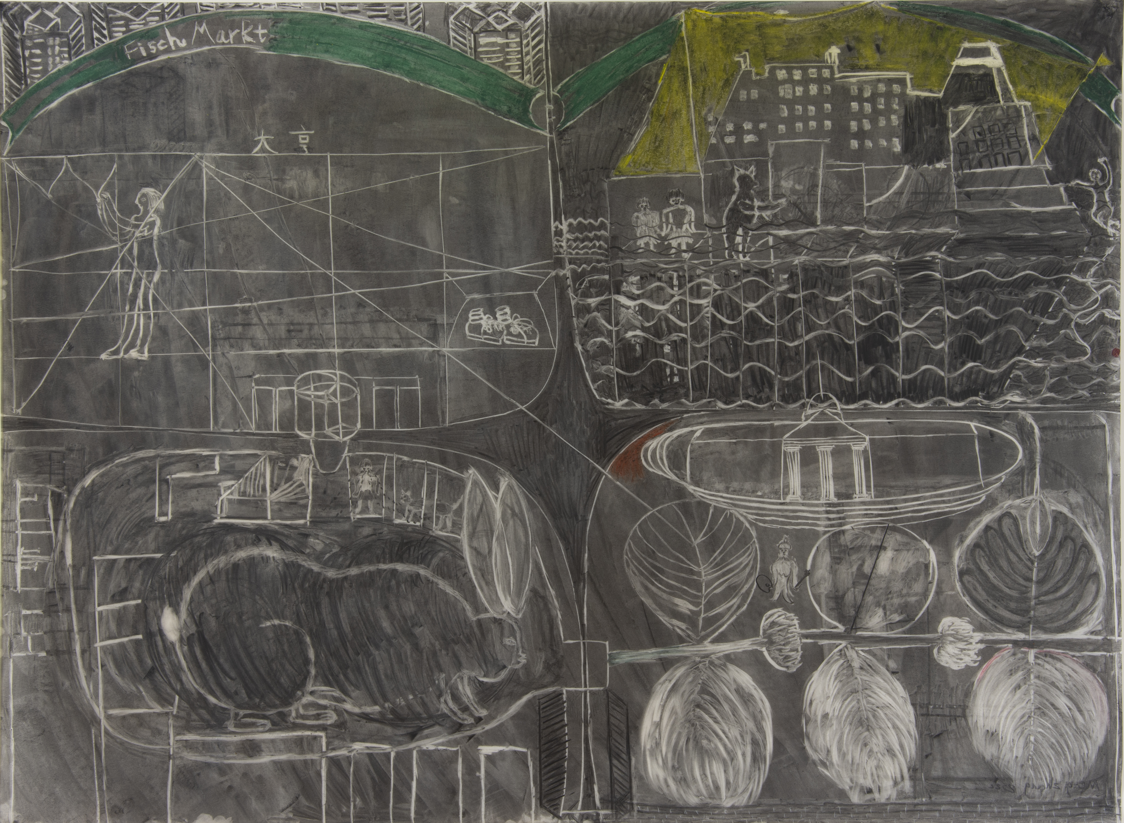 She had to touch her mom's breast before she went to school 120x90 cm charcoal, pastel, wax on transparent paper 2022