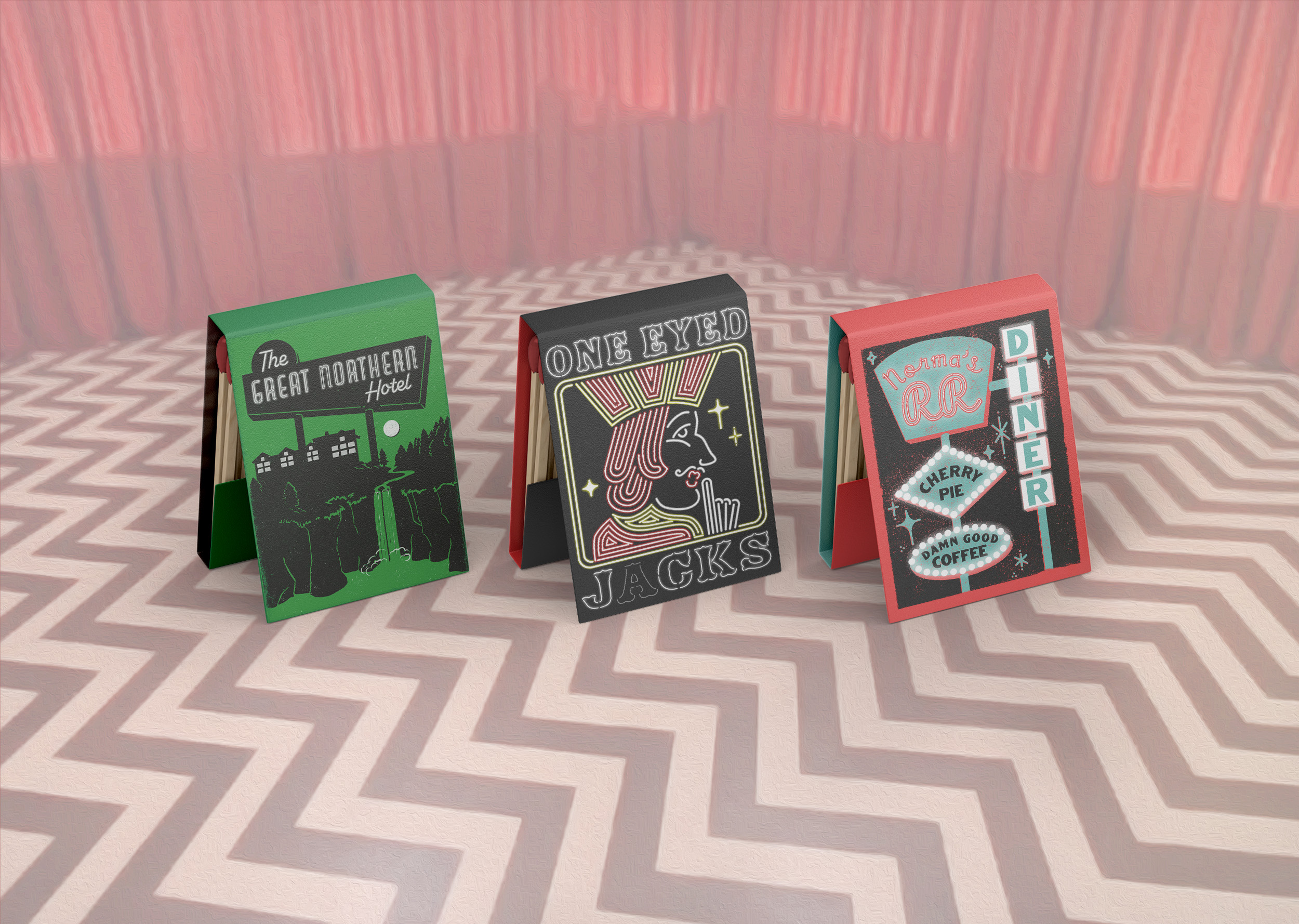 Three matchbook designs in a row, staged in a peculiar room with red curtain walls and chevron floor
